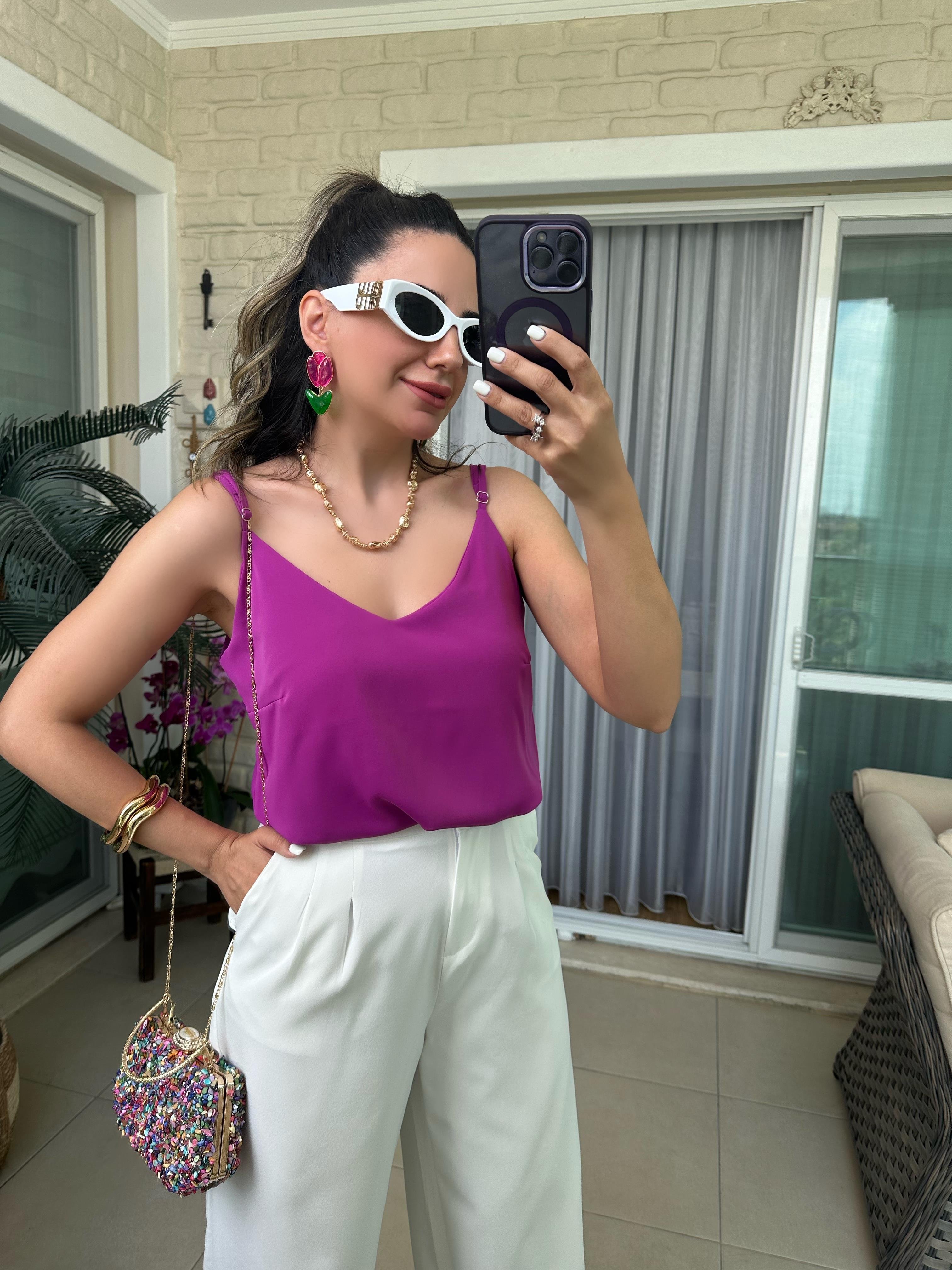 Mor V Yaka İp Askılı Bluz