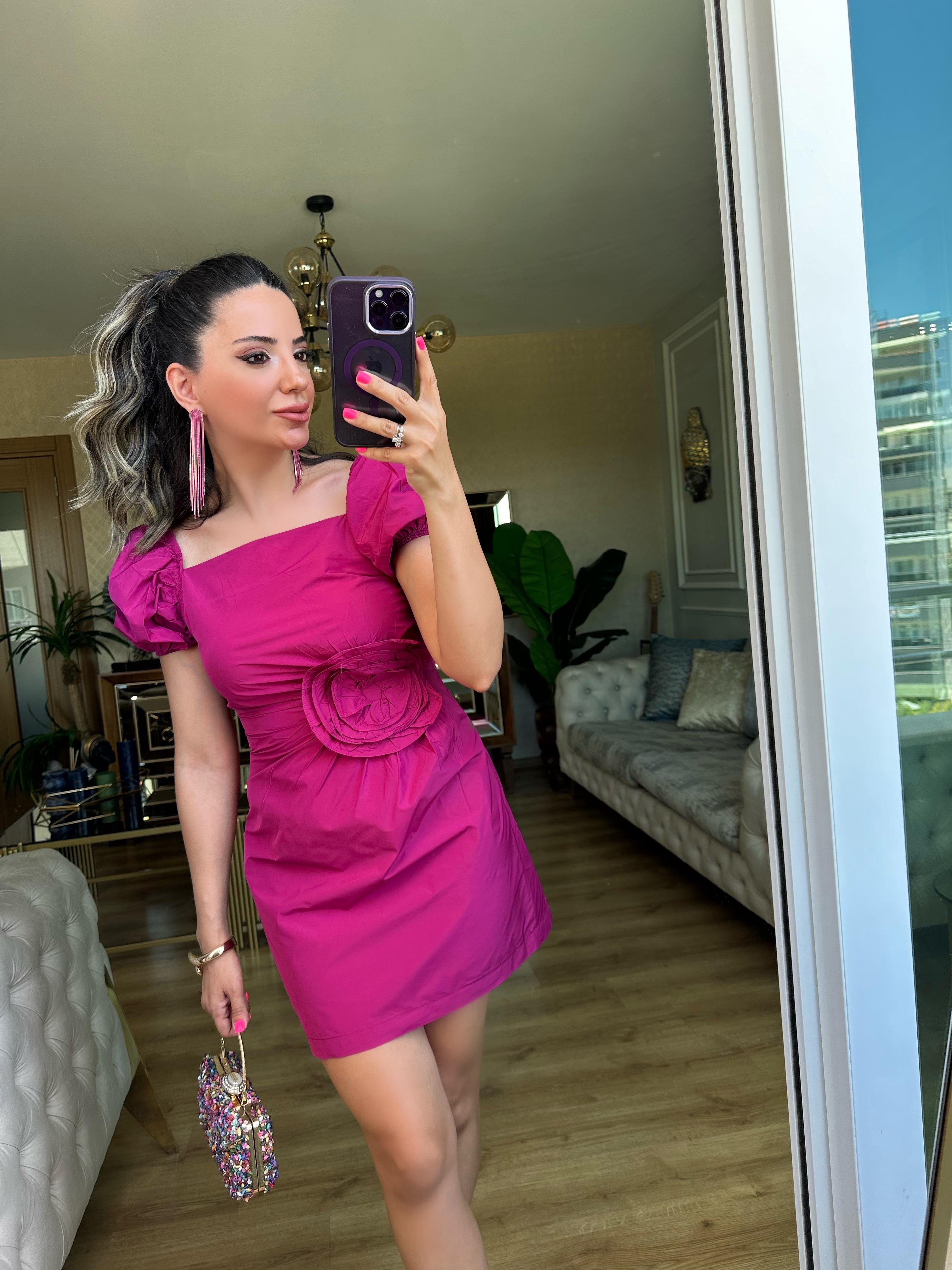 Mürdüm Çiçek Detaylı Poplin Elbise