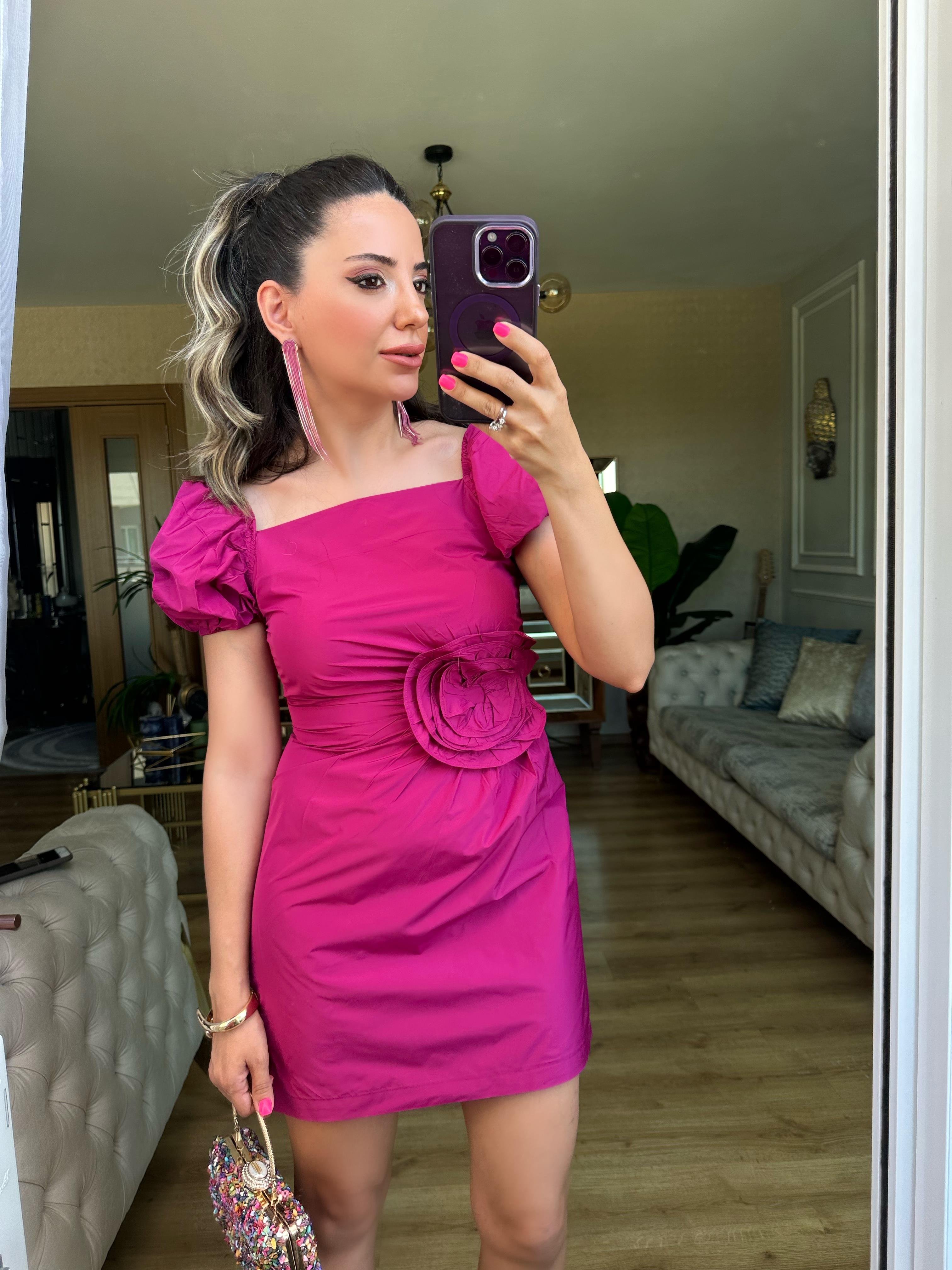 Mürdüm Çiçek Detaylı Poplin Elbise