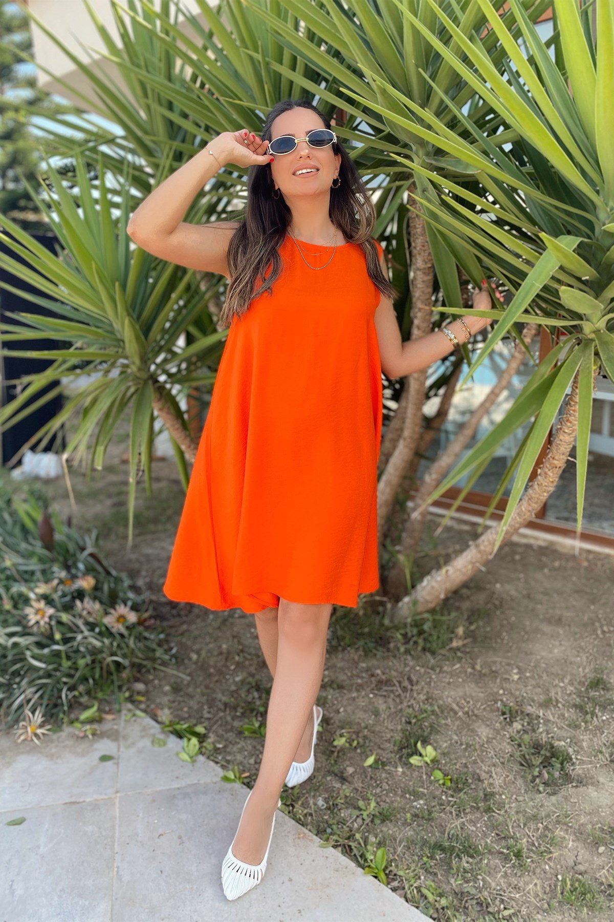 Narçiçeği Asimetrik Kesim Keten Elbise