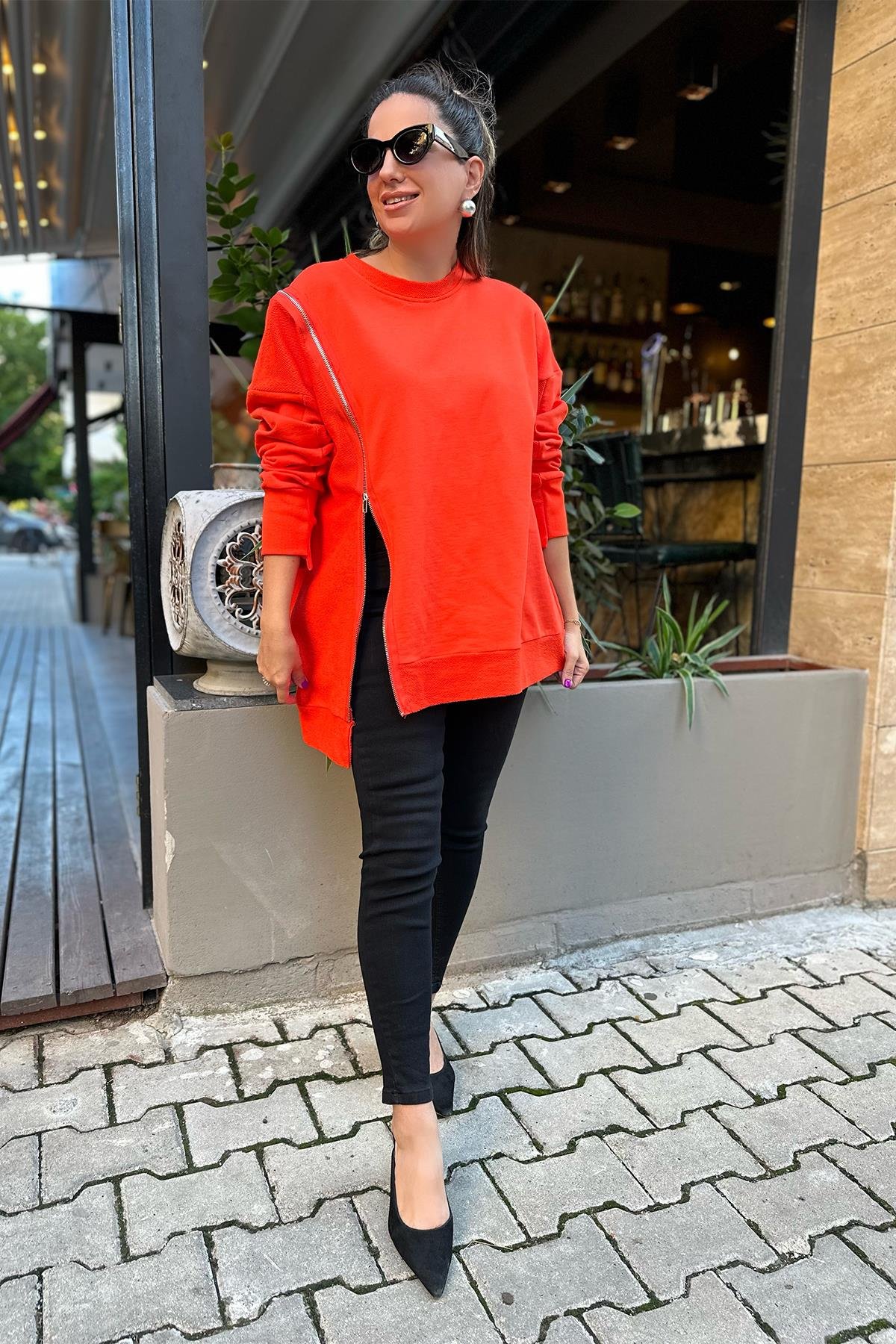 Narçiçeği Yandan Fermuar Detaylı Sweatshirt