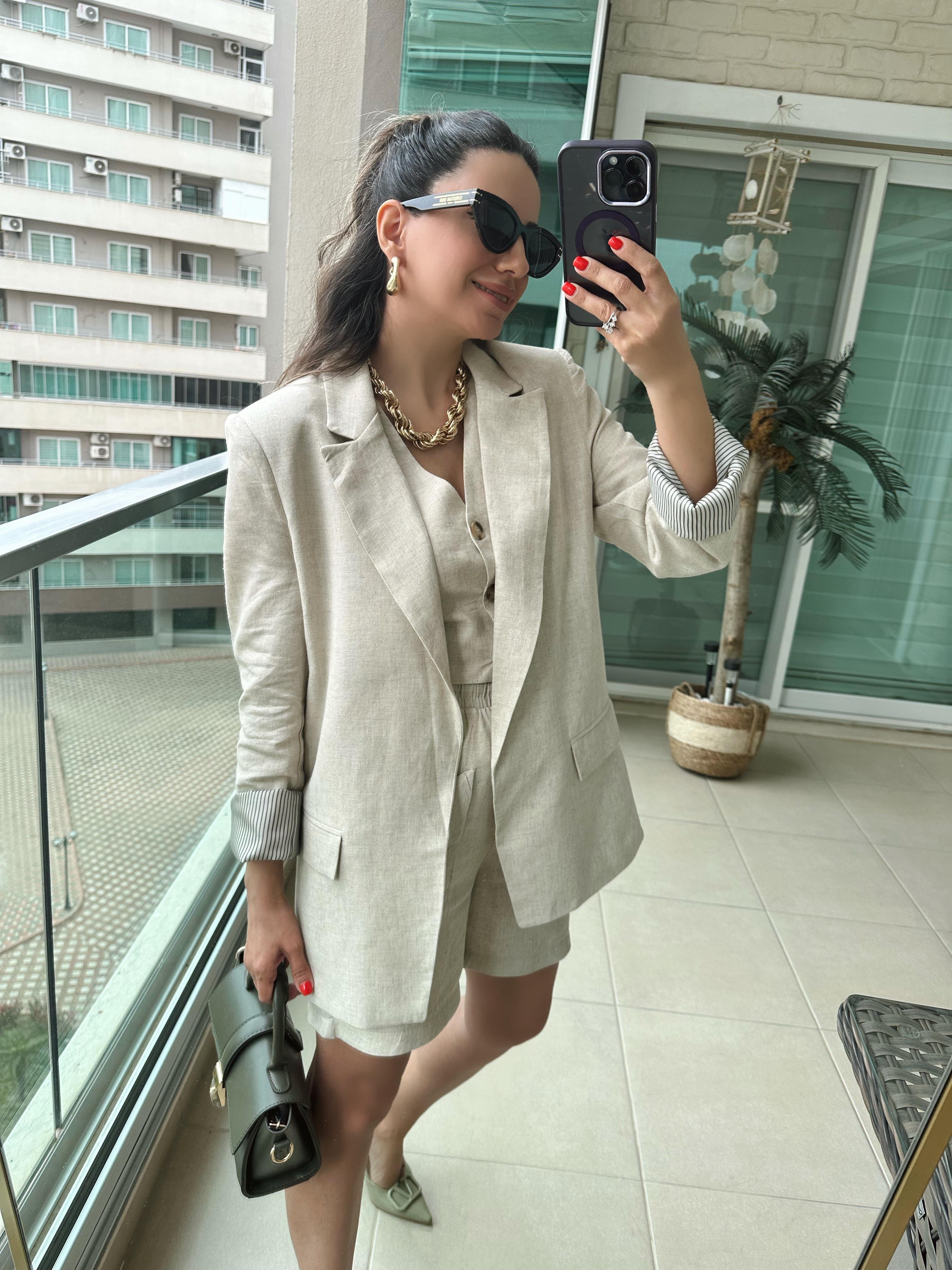 Natural Keten Blazer Ceket
