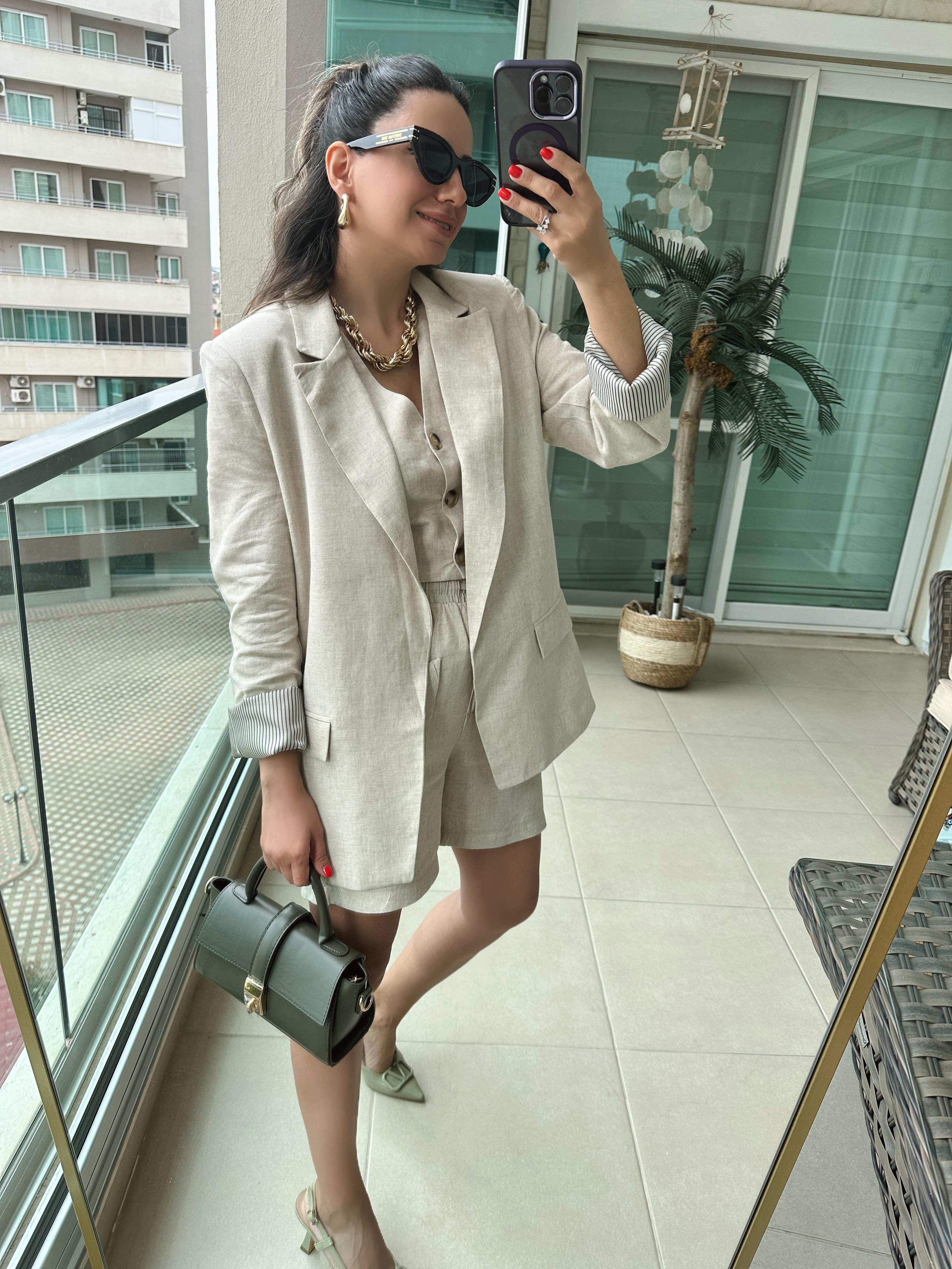 Natural Keten Blazer Ceket
