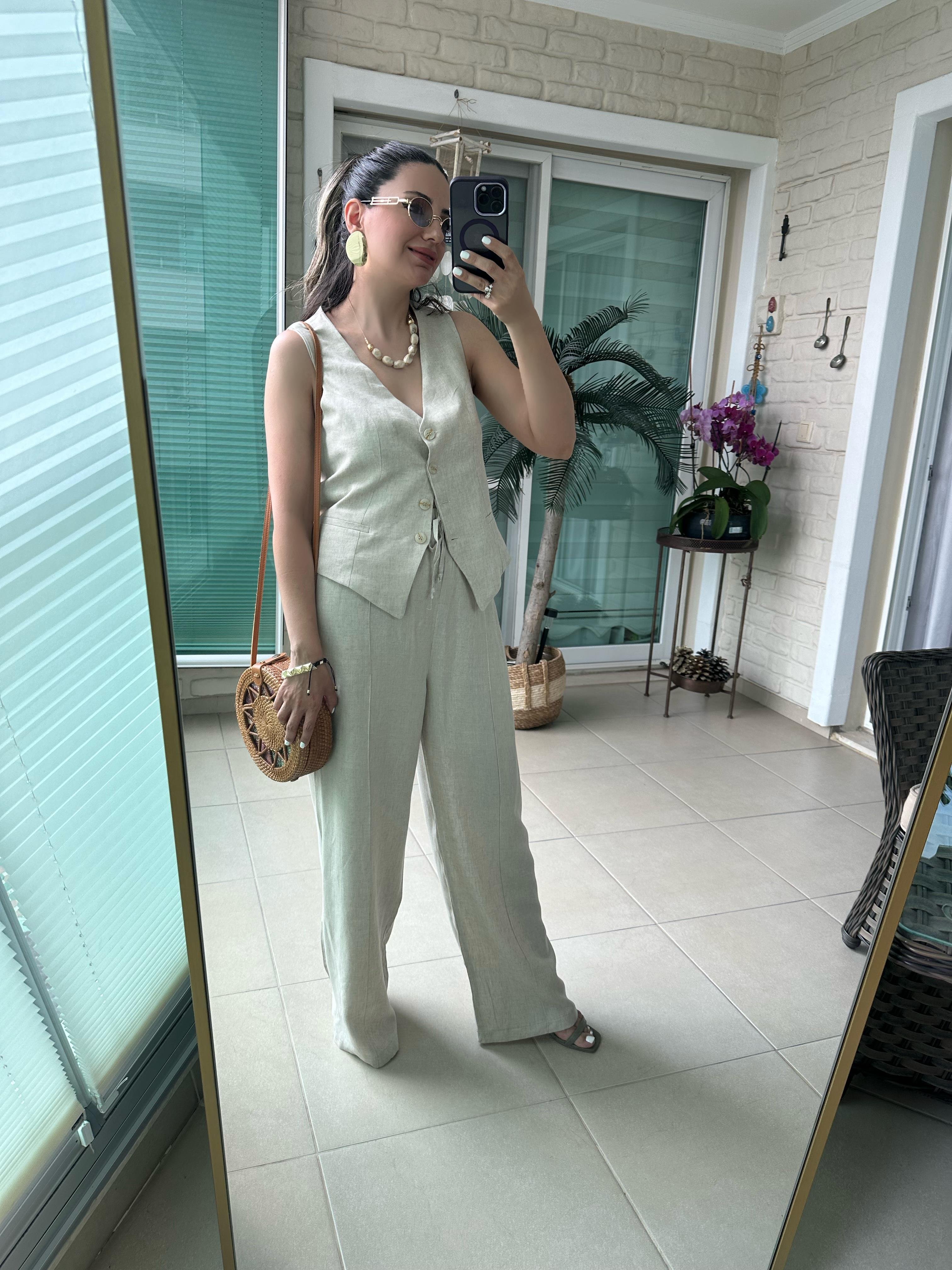 Natural Keten Yelek Pantolon Takım