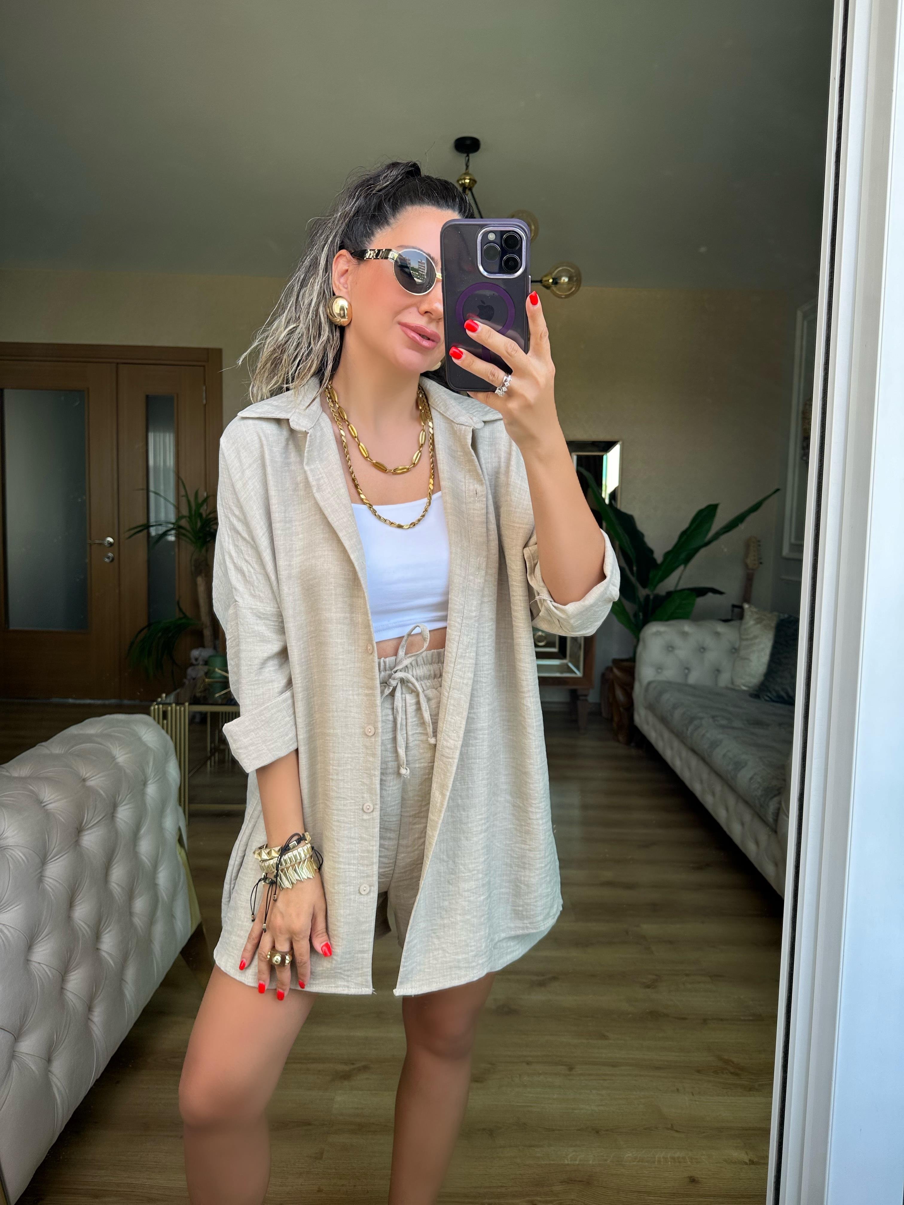 Naturel Bej Orj Marka Şort Gömlek Takım