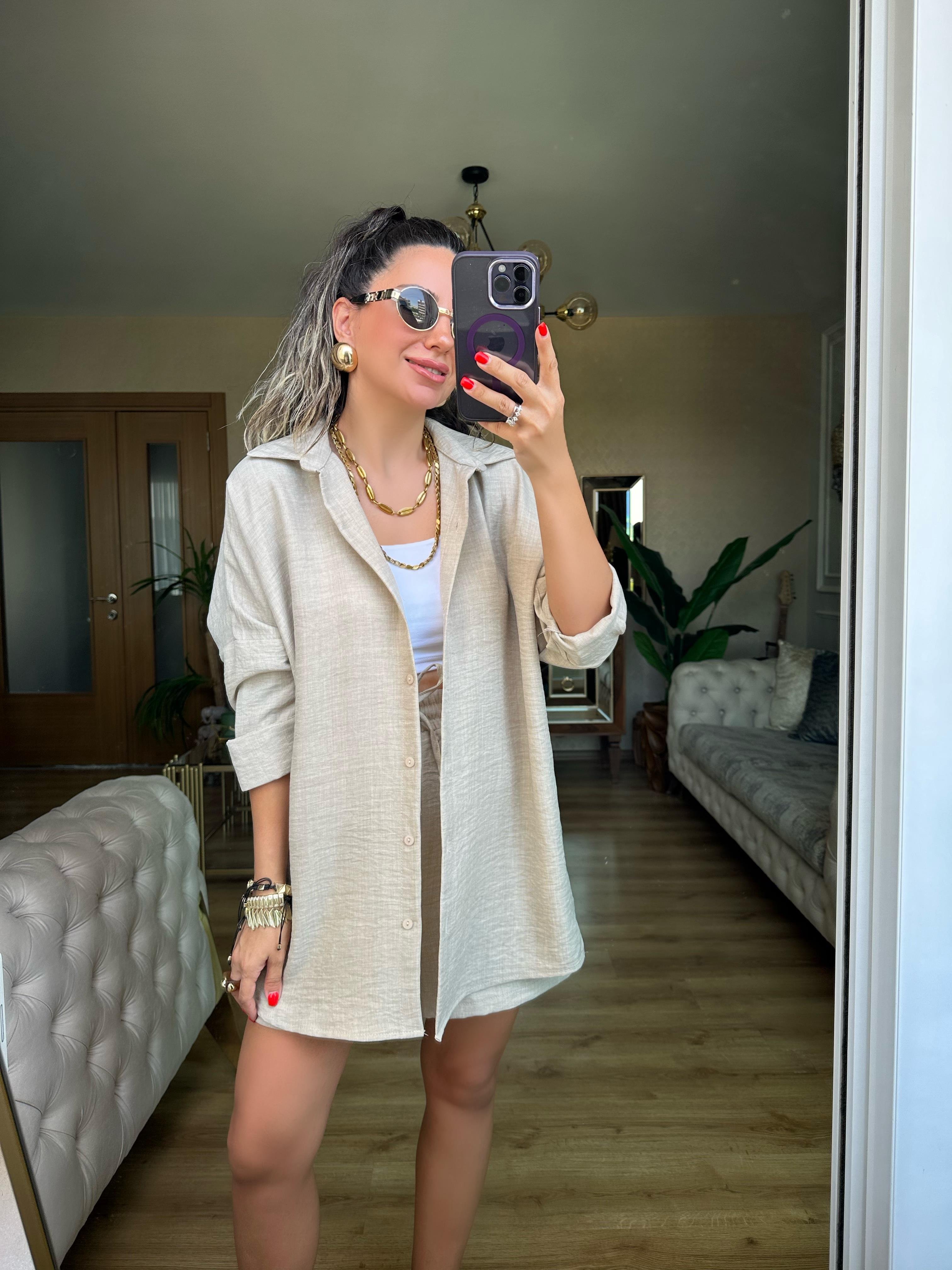 Naturel Bej Orj Marka Şort Gömlek Takım