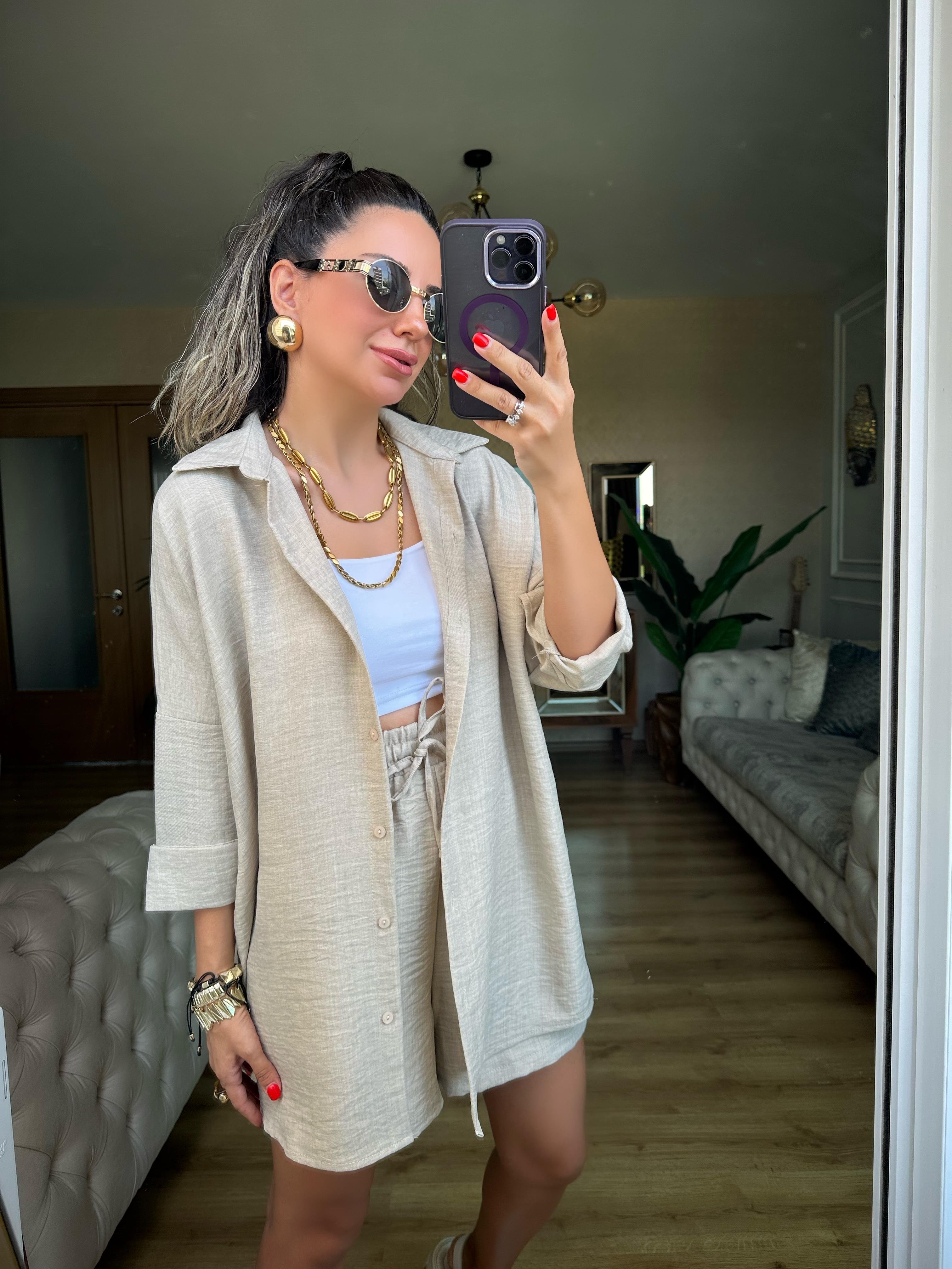 Naturel Bej Orj Marka Şort Gömlek Takım