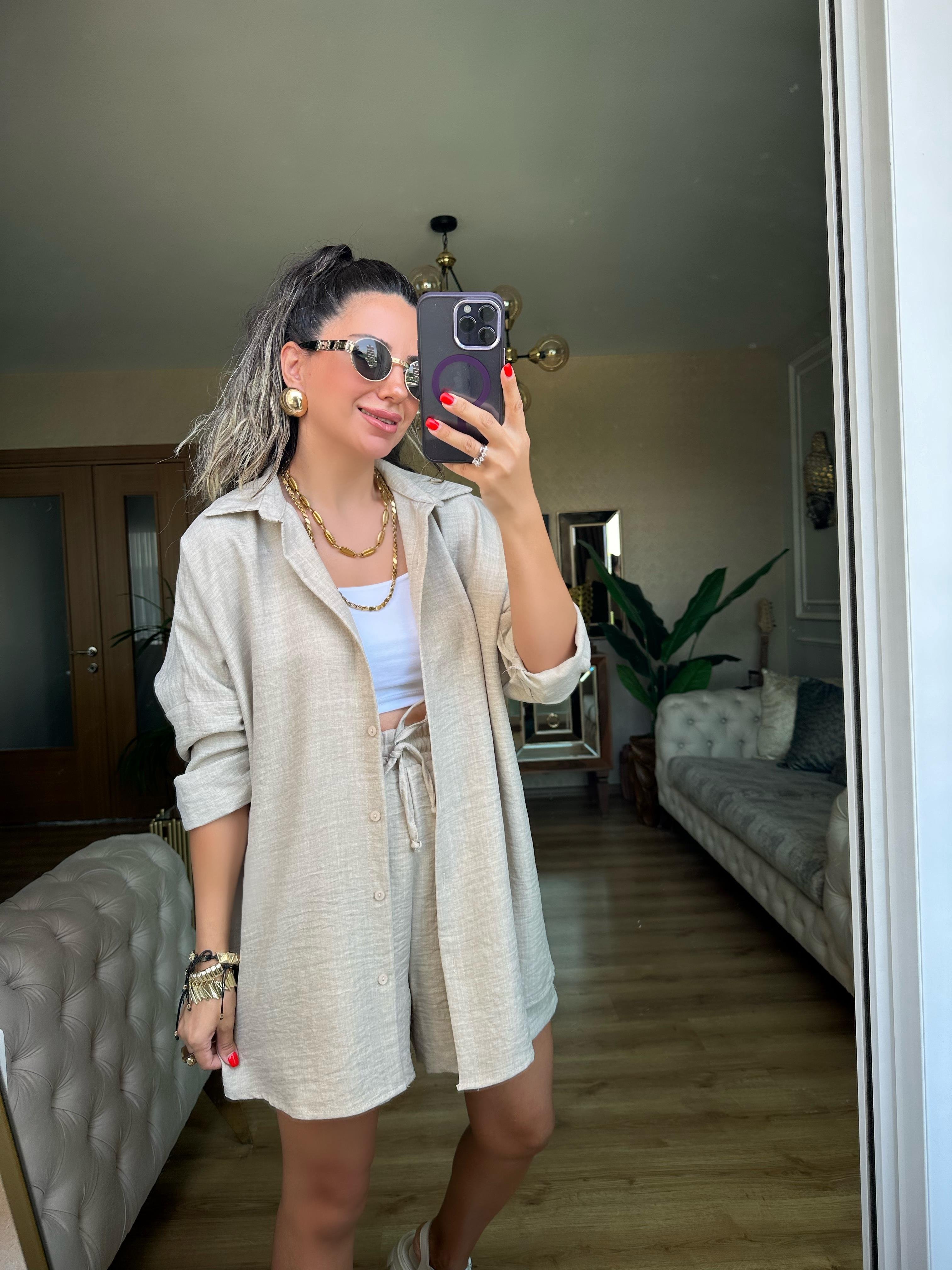 Naturel Bej Orj Marka Şort Gömlek Takım