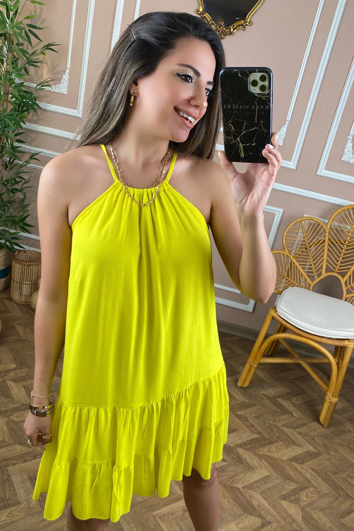 Neon Sarı Kolsuz Elbise
