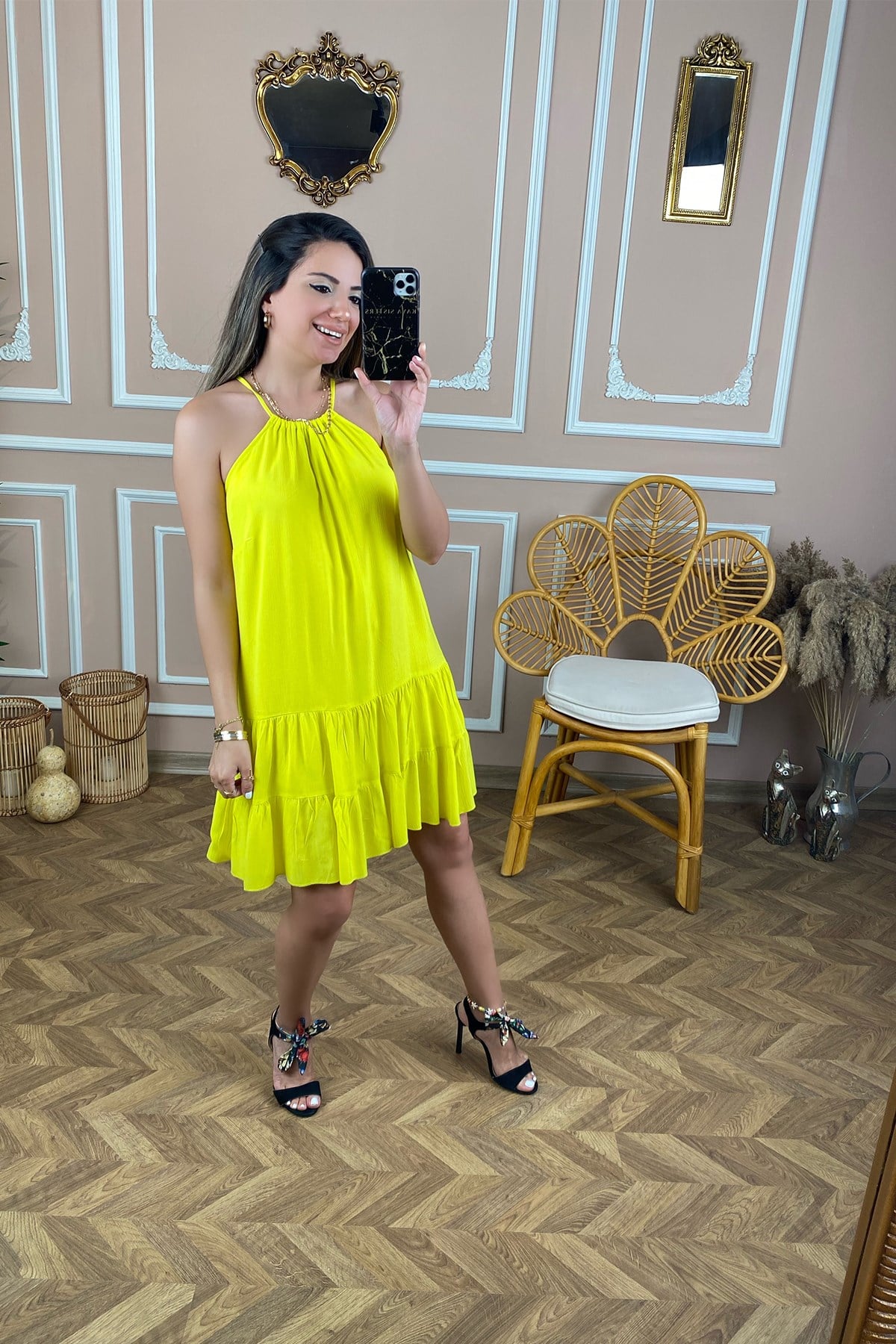 Neon Sarı Kolsuz Elbise