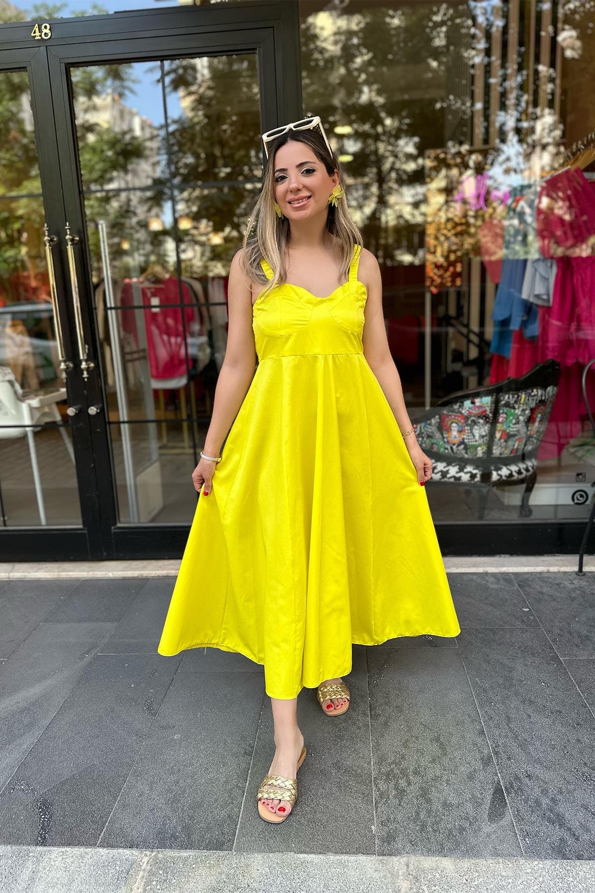 Neon Sarı Lastik Askılı Poplin Elbise