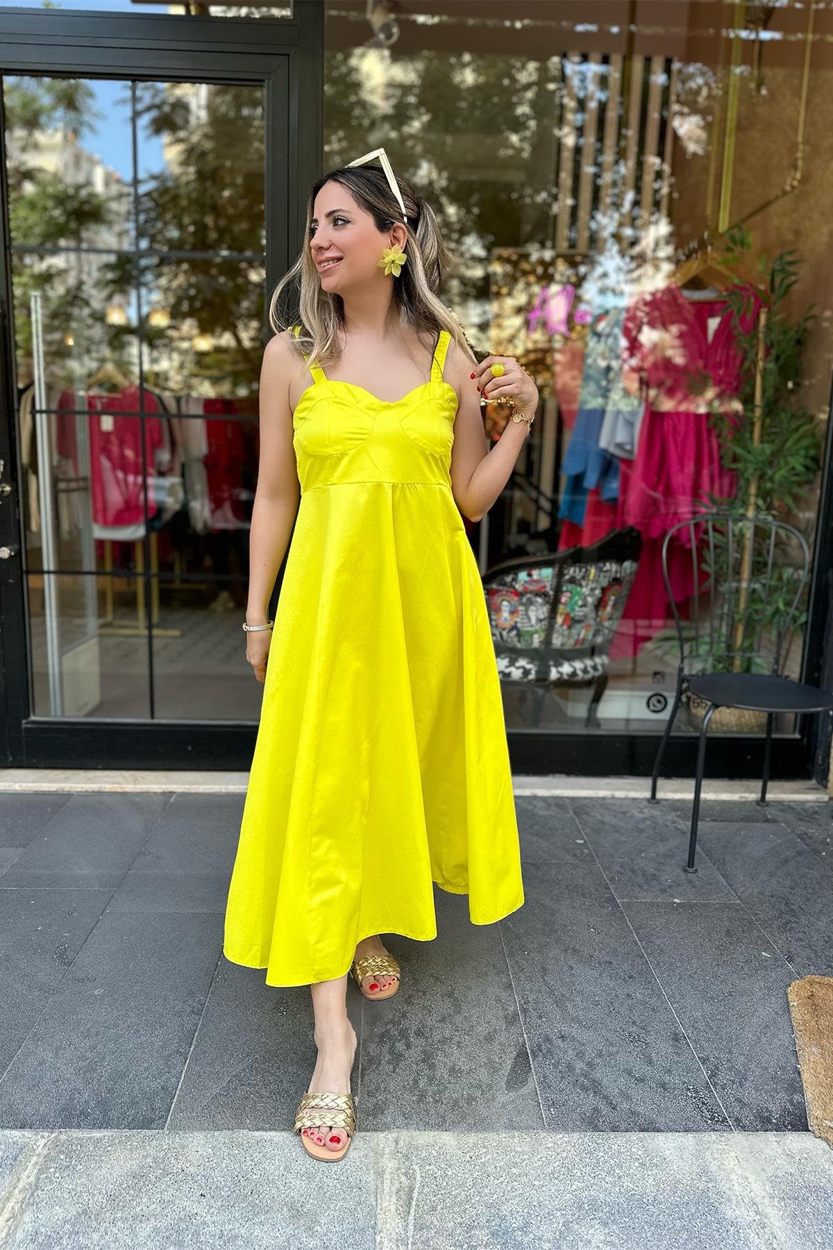 Neon Sarı Lastik Askılı Poplin Elbise