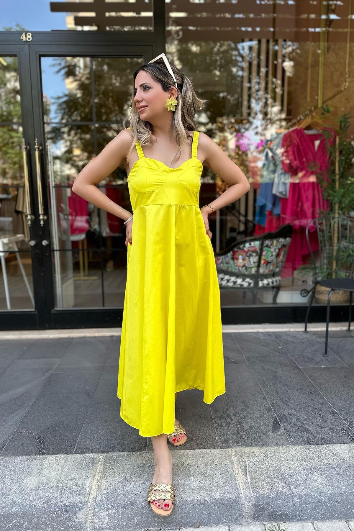 Neon Sarı Lastik Askılı Poplin Elbise