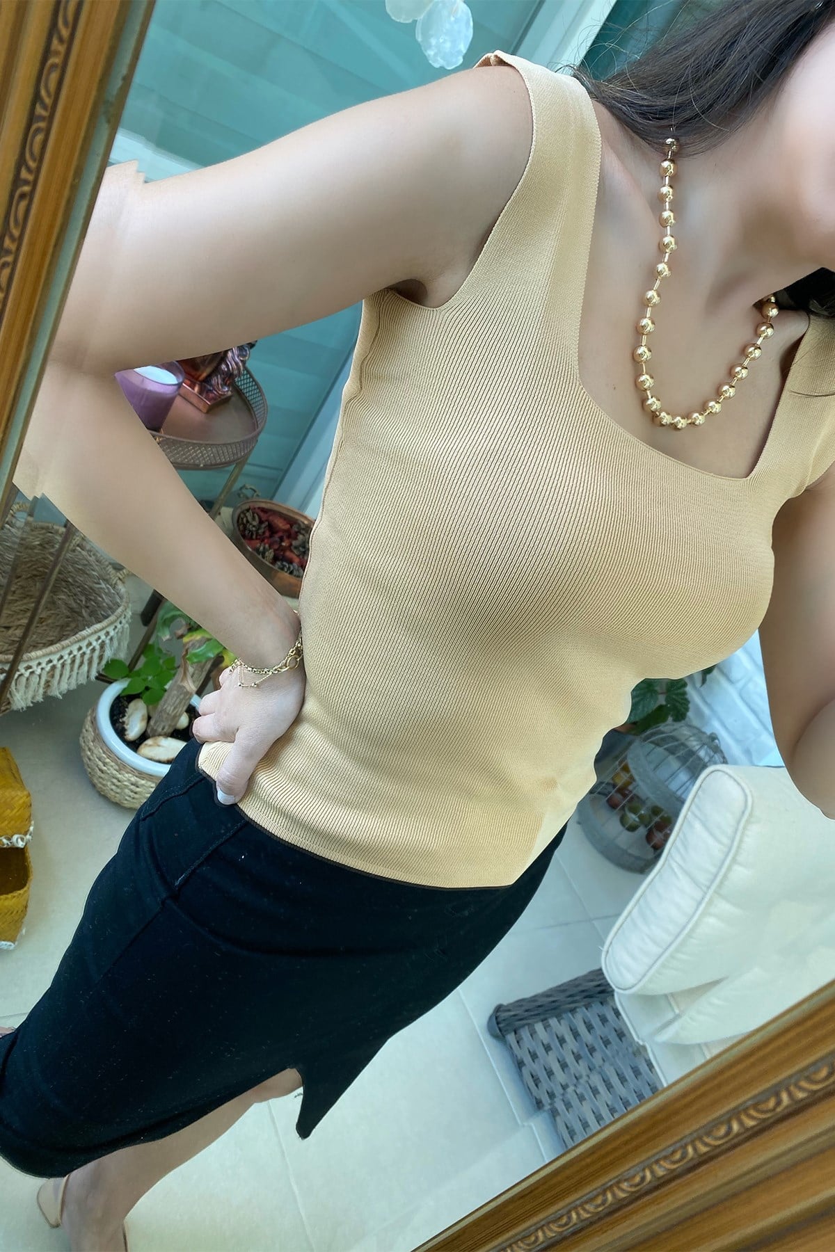 Nude Kalın Askılı Triko Bluz