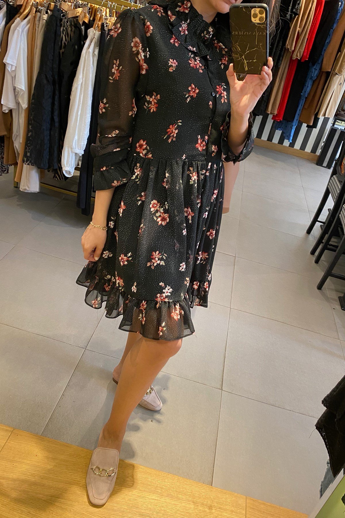 Ön Düğmeli Şifon Elbise