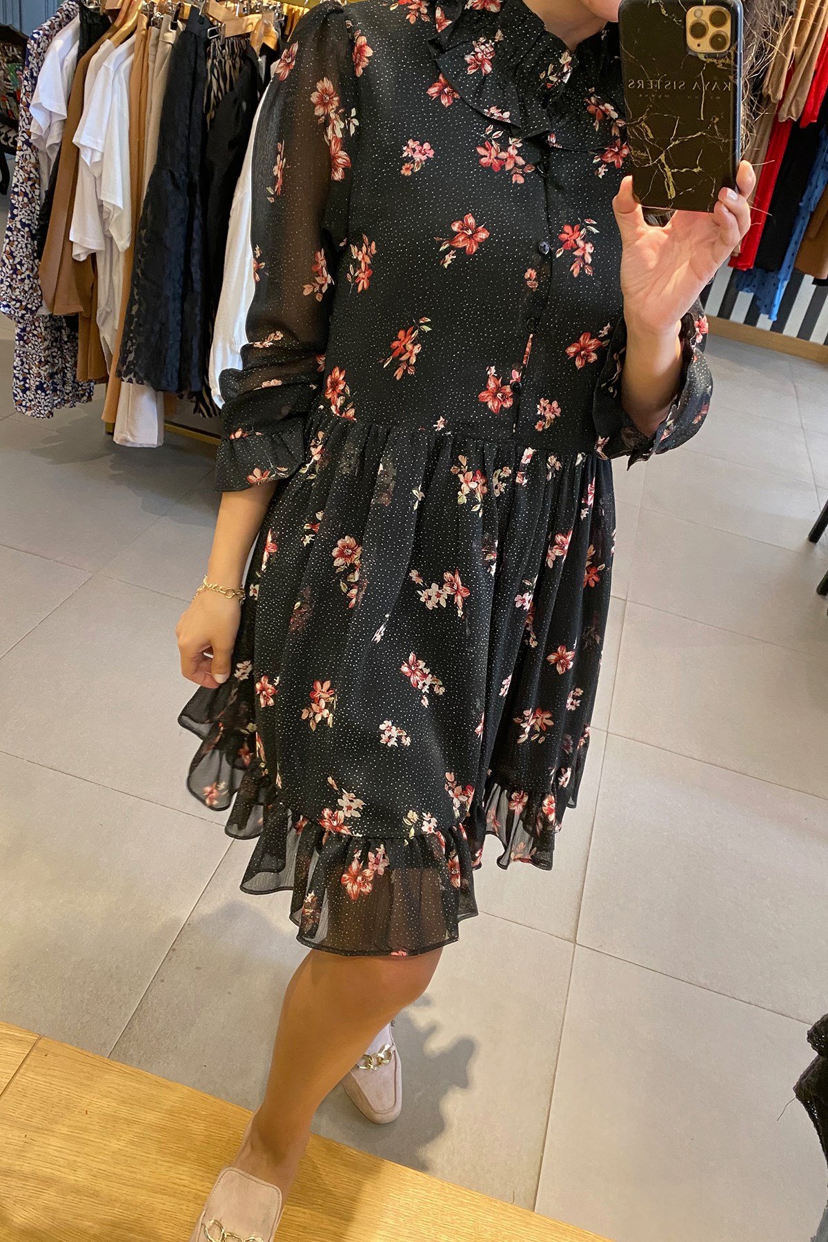 Ön Düğmeli Şifon Elbise