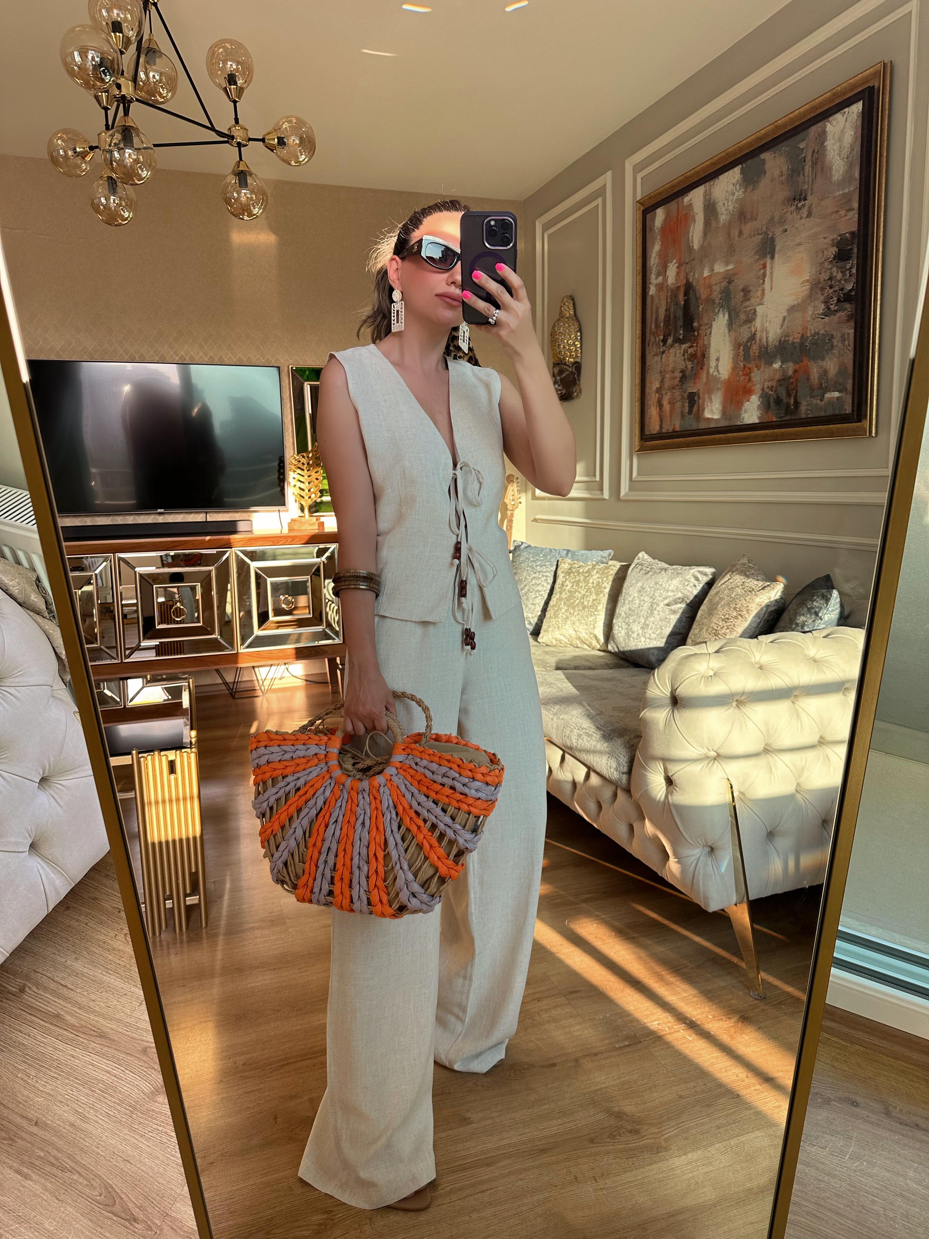 Önü Bağlamalı Bpmcuk Detaylı Bluz Pantolon Takım