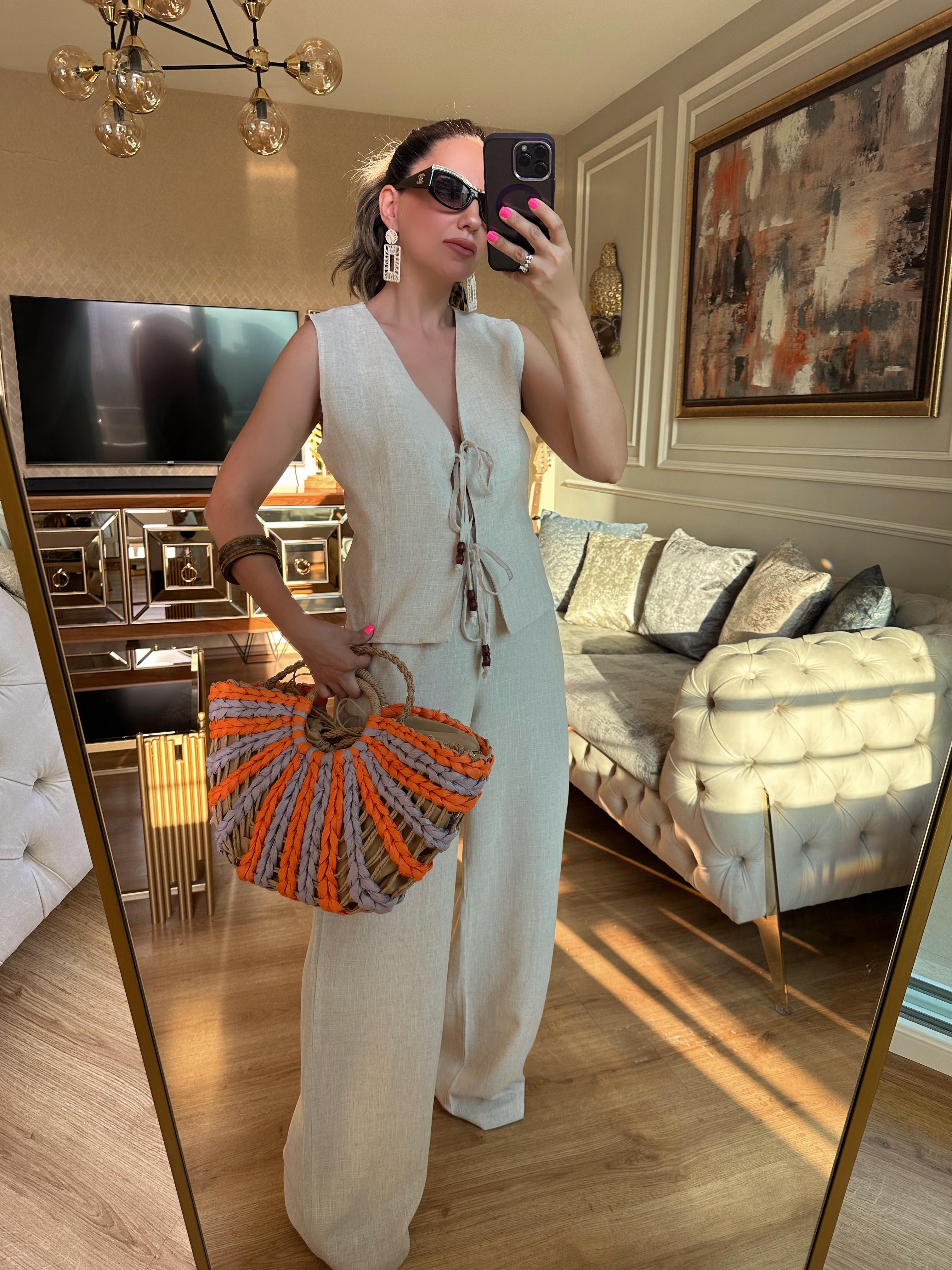 Önü Bağlamalı Bpmcuk Detaylı Bluz Pantolon Takım