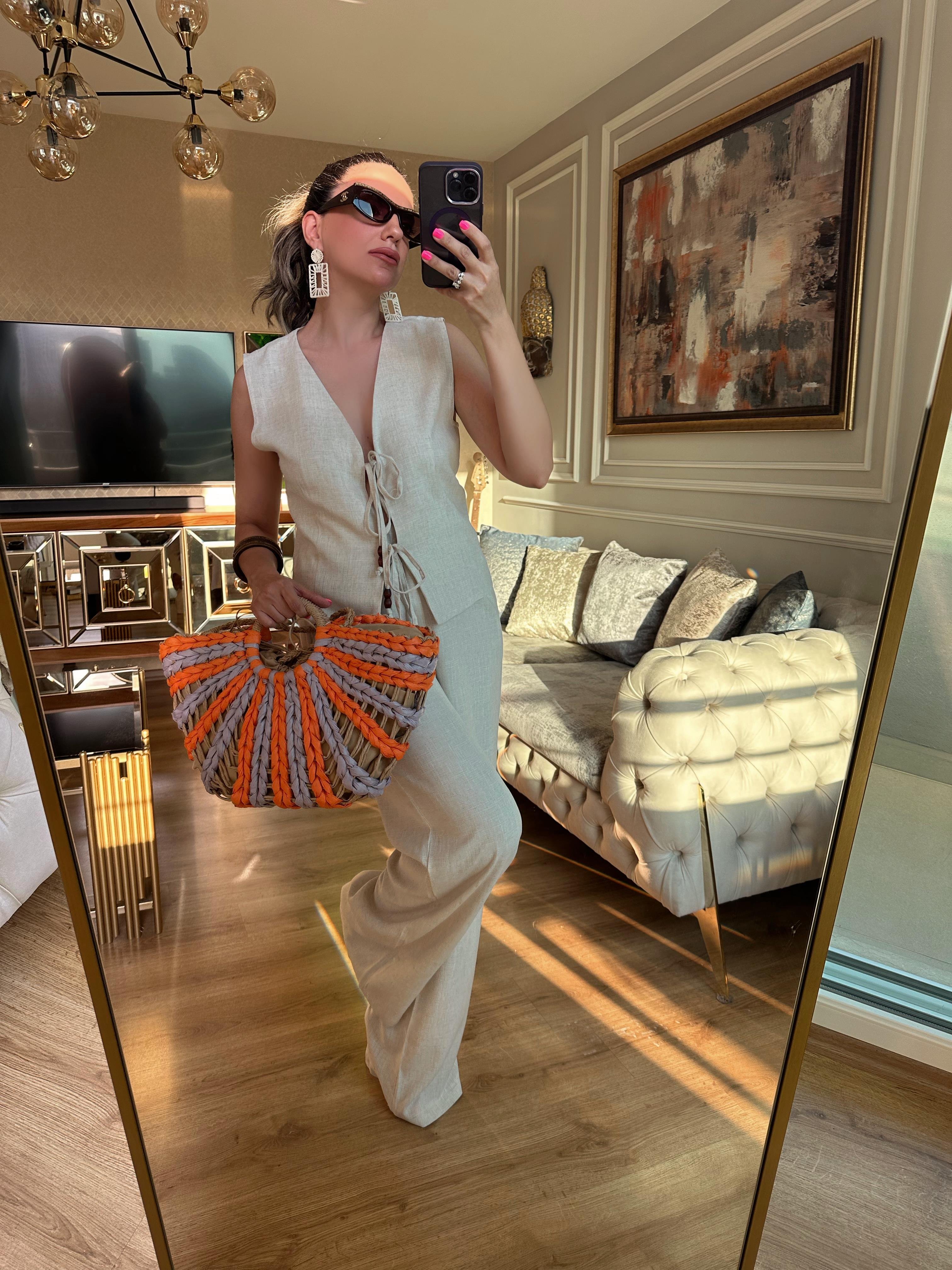 Önü Bağlamalı Bpmcuk Detaylı Bluz Pantolon Takım