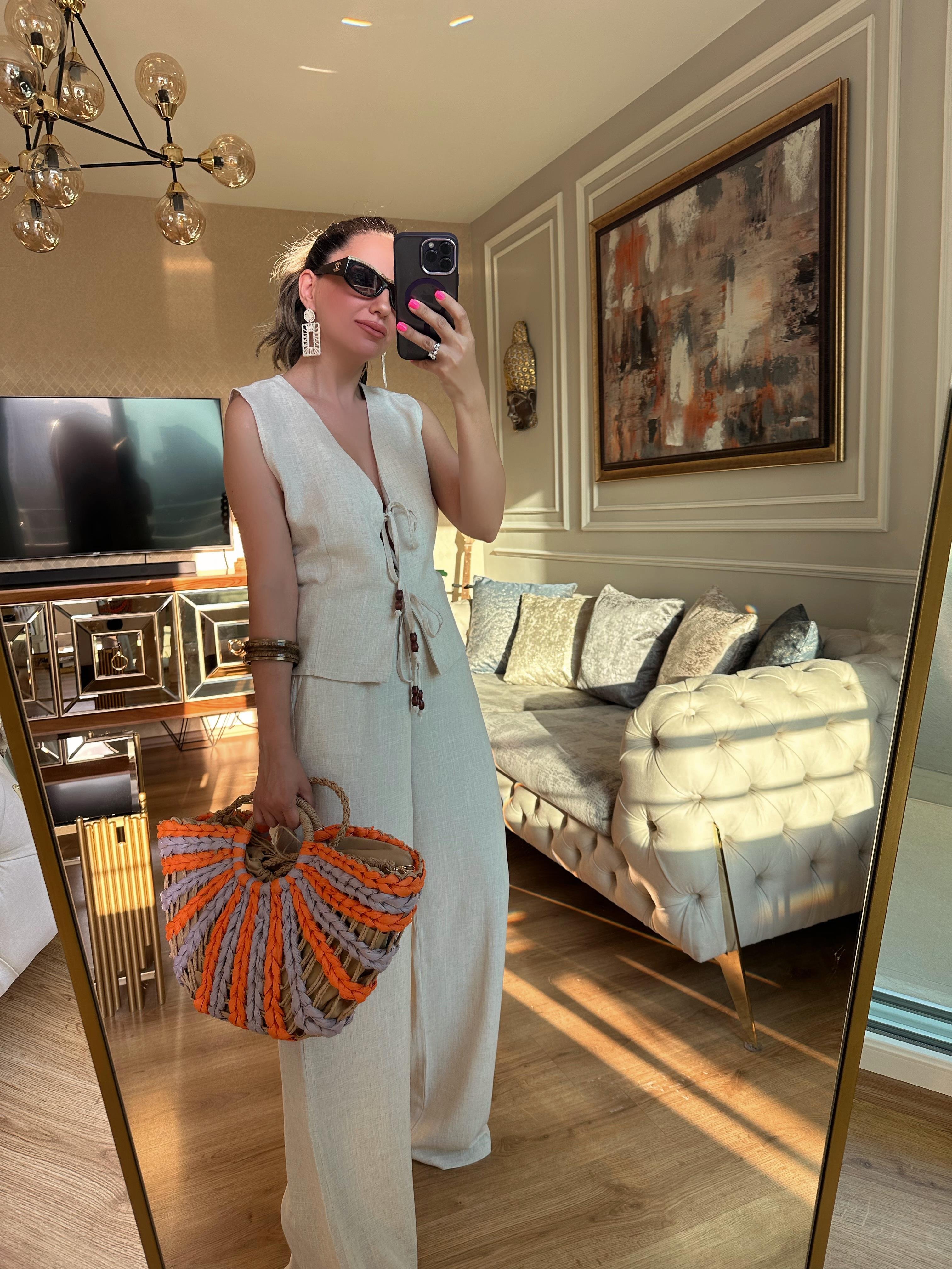 Önü Bağlamalı Bpmcuk Detaylı Bluz Pantolon Takım