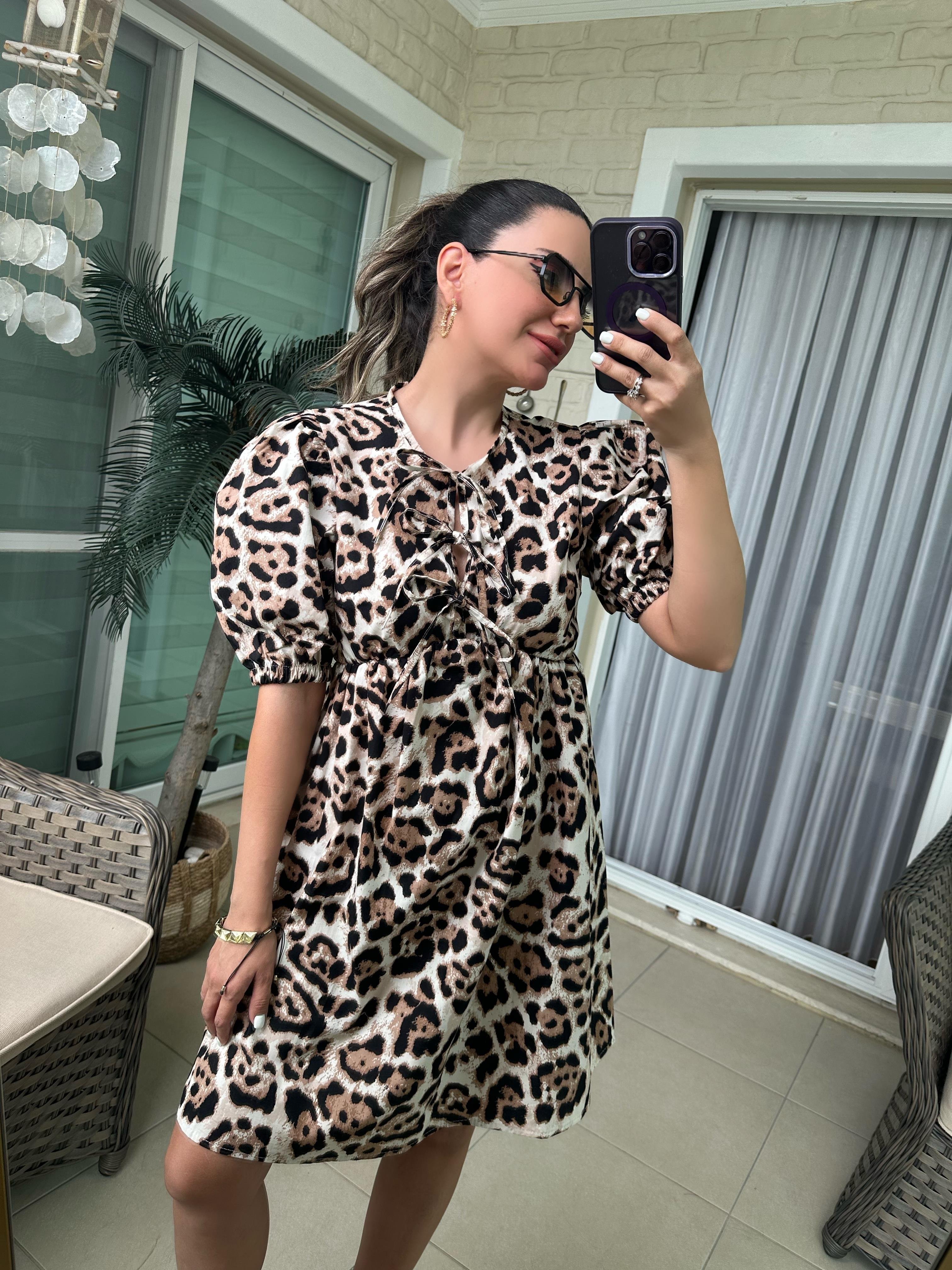 Önü Bağlamalı Leopar Poplin Elbise