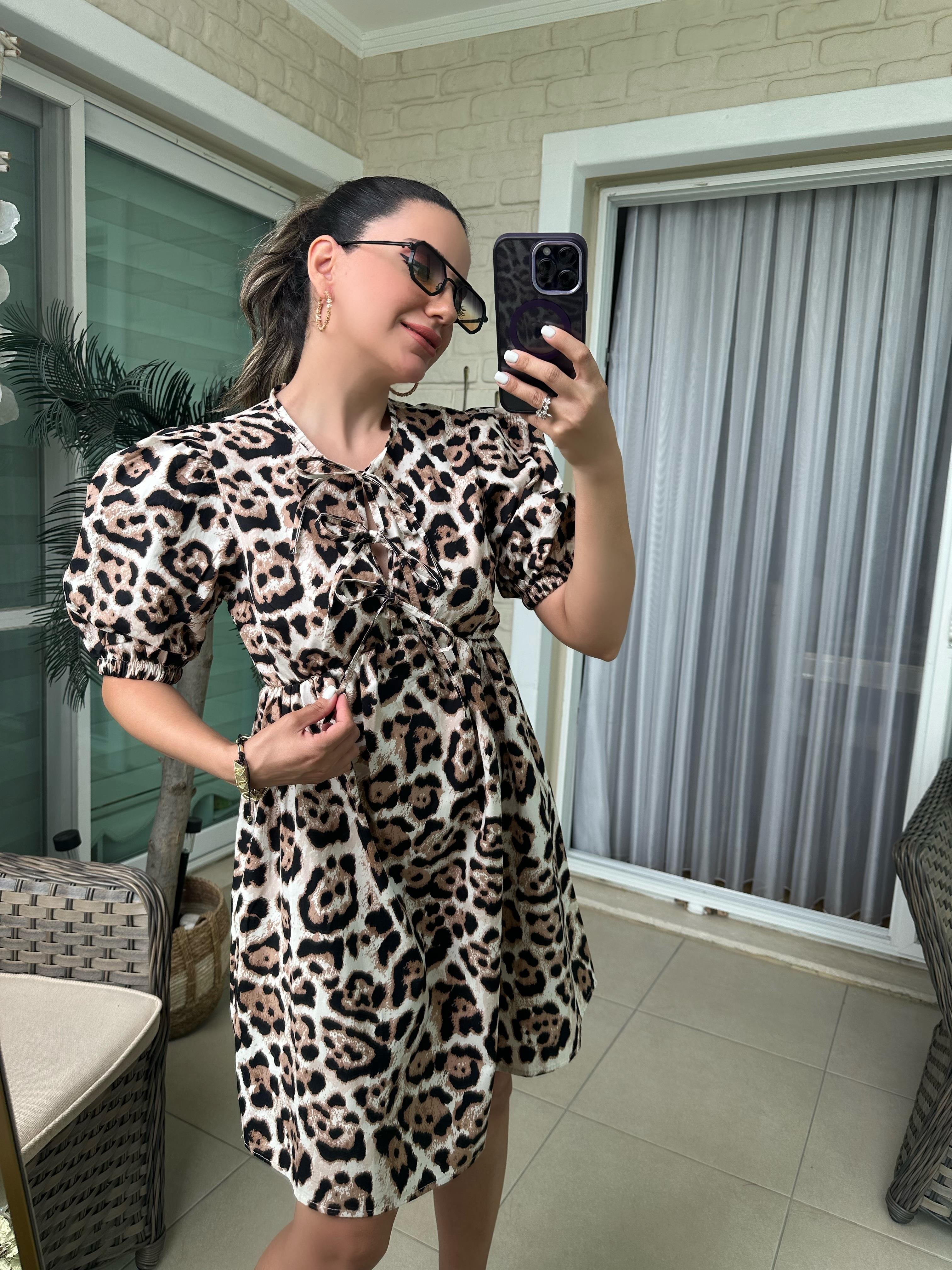 Önü Bağlamalı Leopar Poplin Elbise