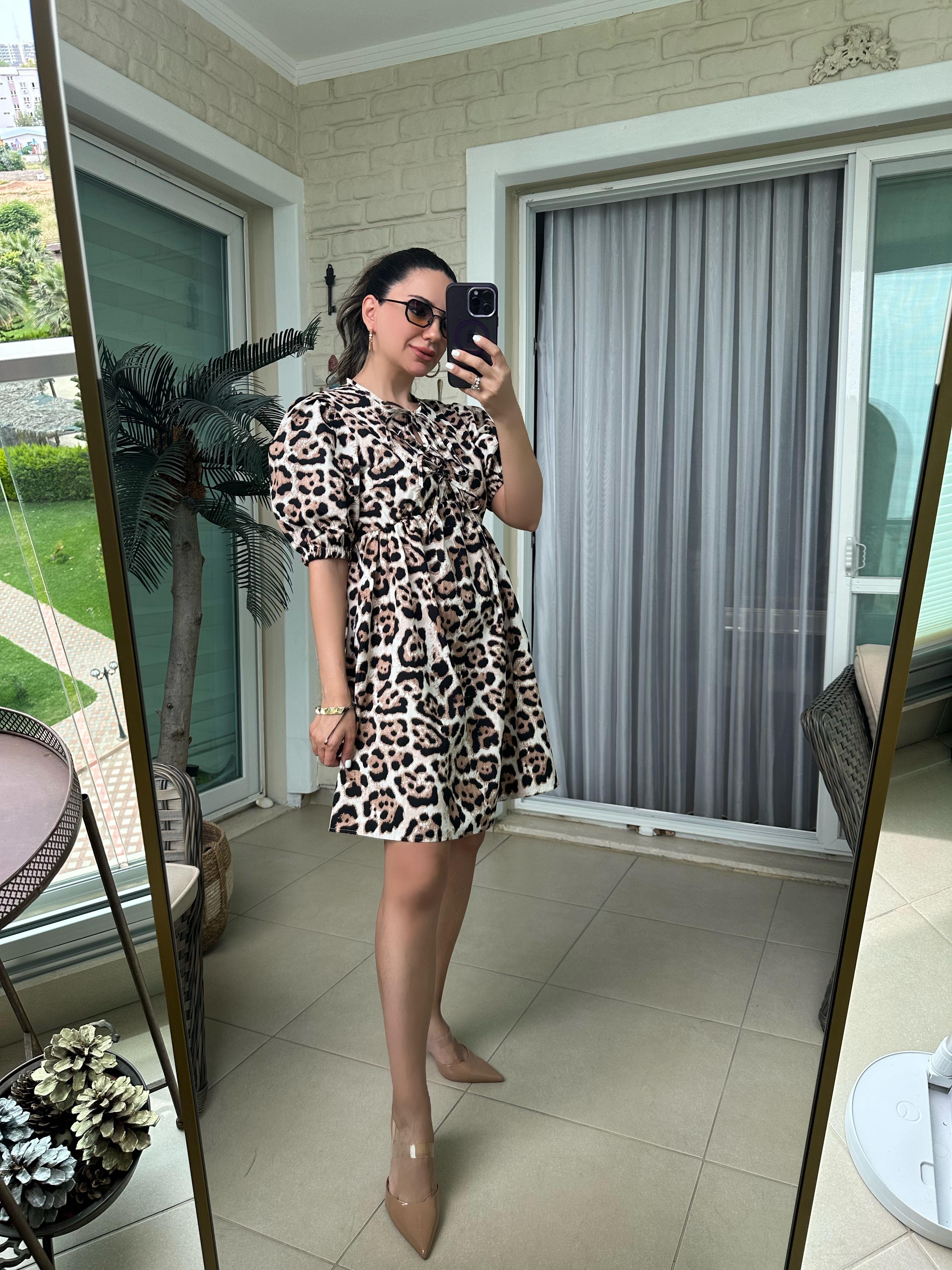 Önü Bağlamalı Leopar Poplin Elbise
