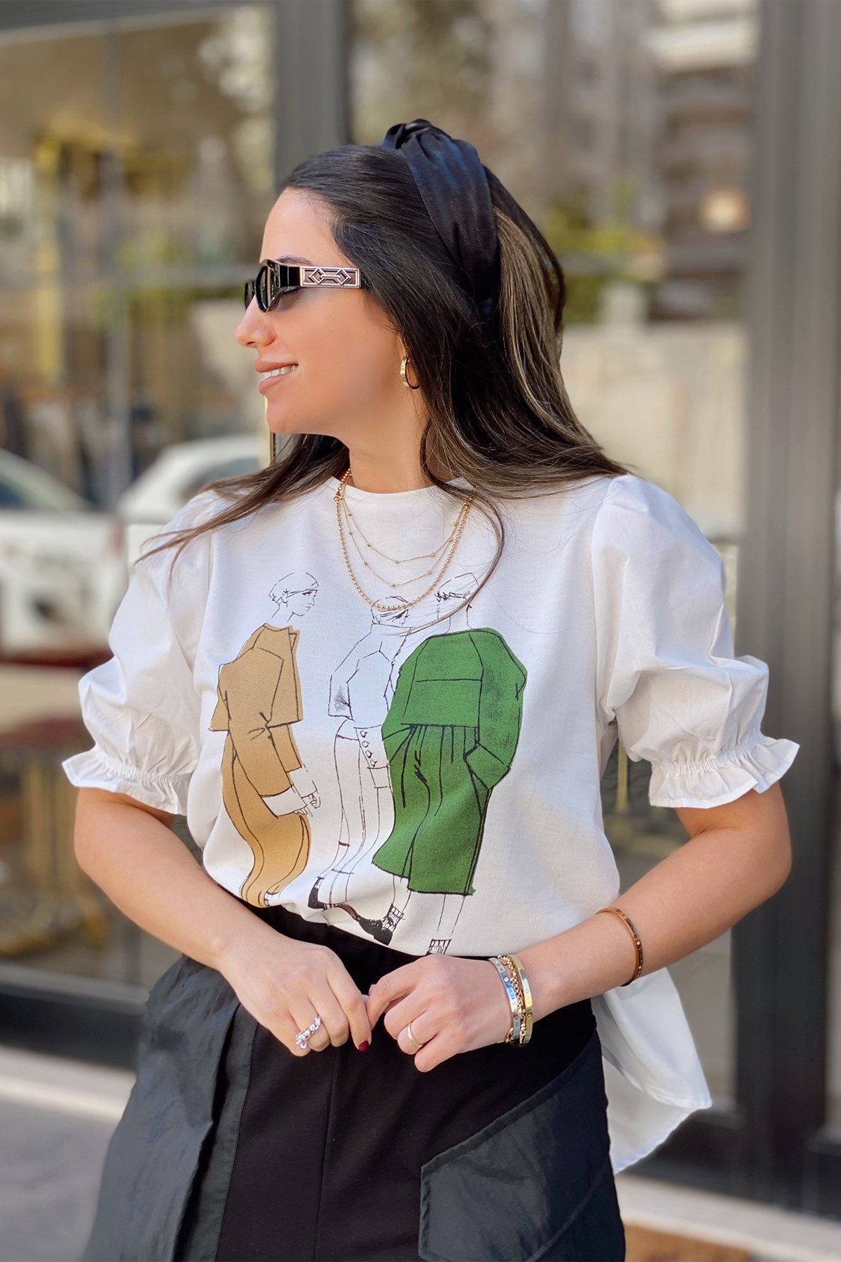 Önü Desenli Arkası Poplin Detay Bluz