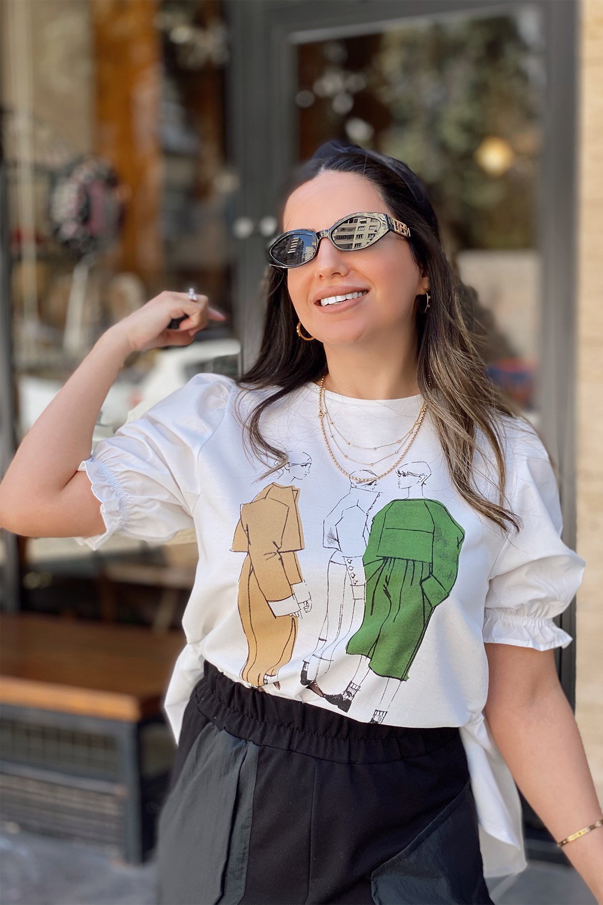 Önü Desenli Arkası Poplin Detay Bluz