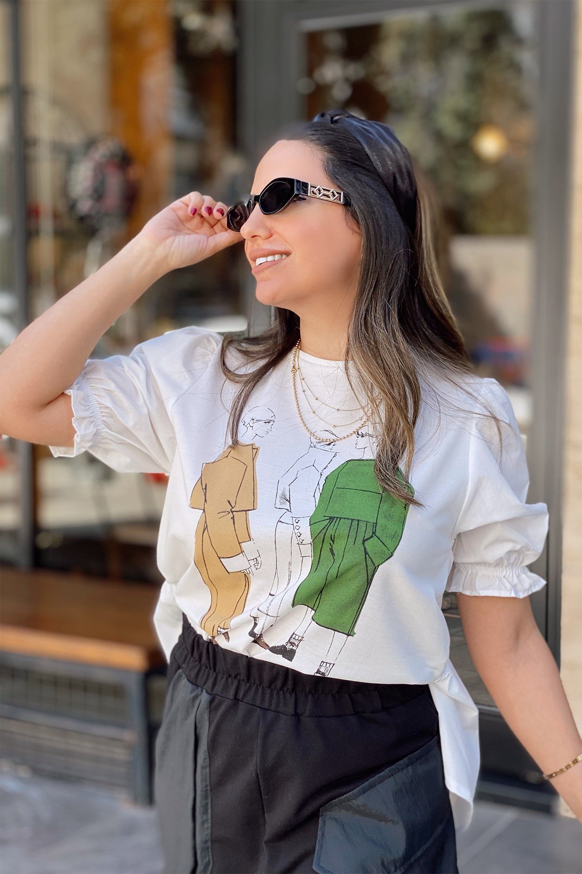 Önü Desenli Arkası Poplin Detay Bluz