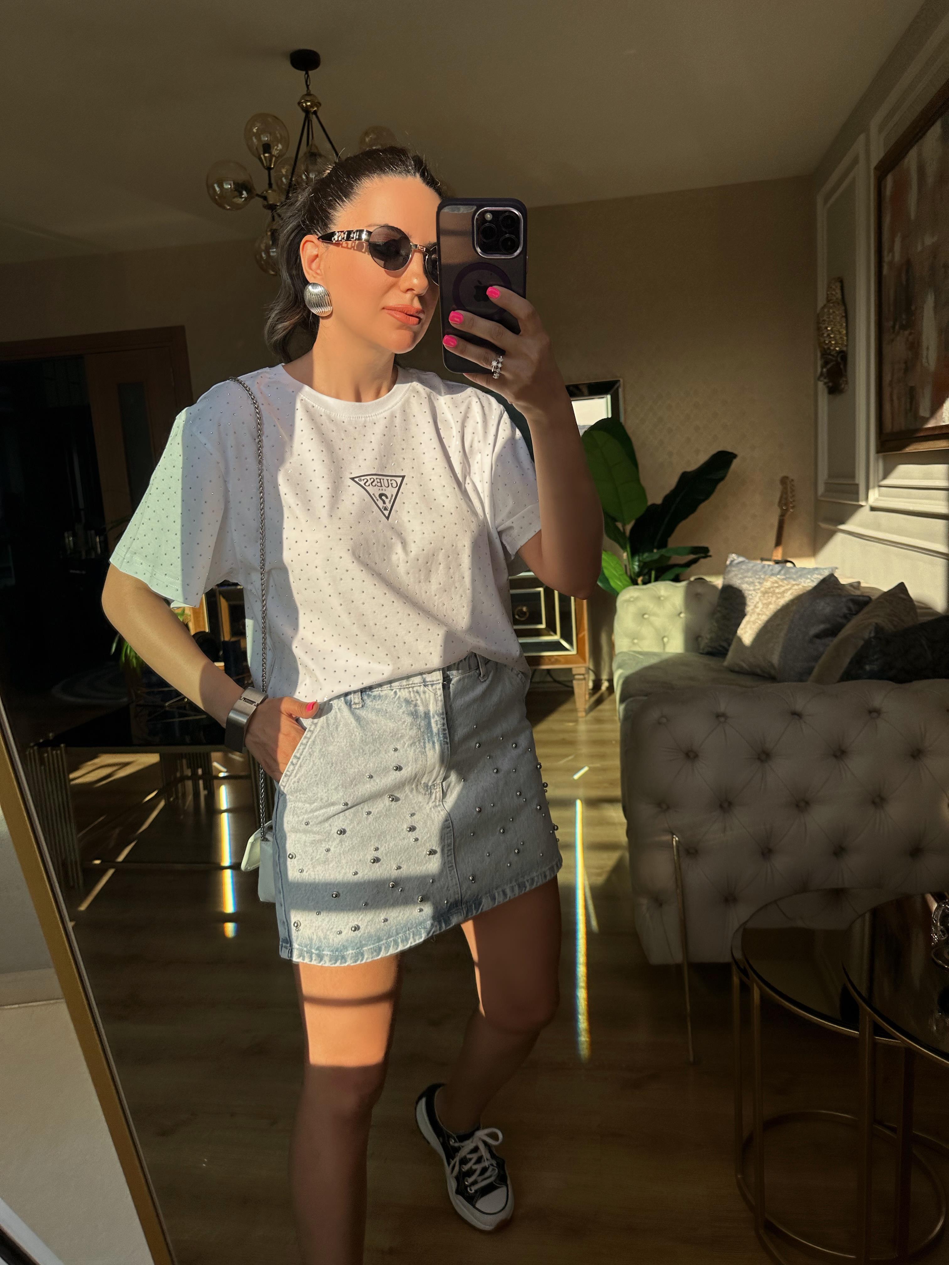 Orj Beyaz Kısa Taşlı Tshirt