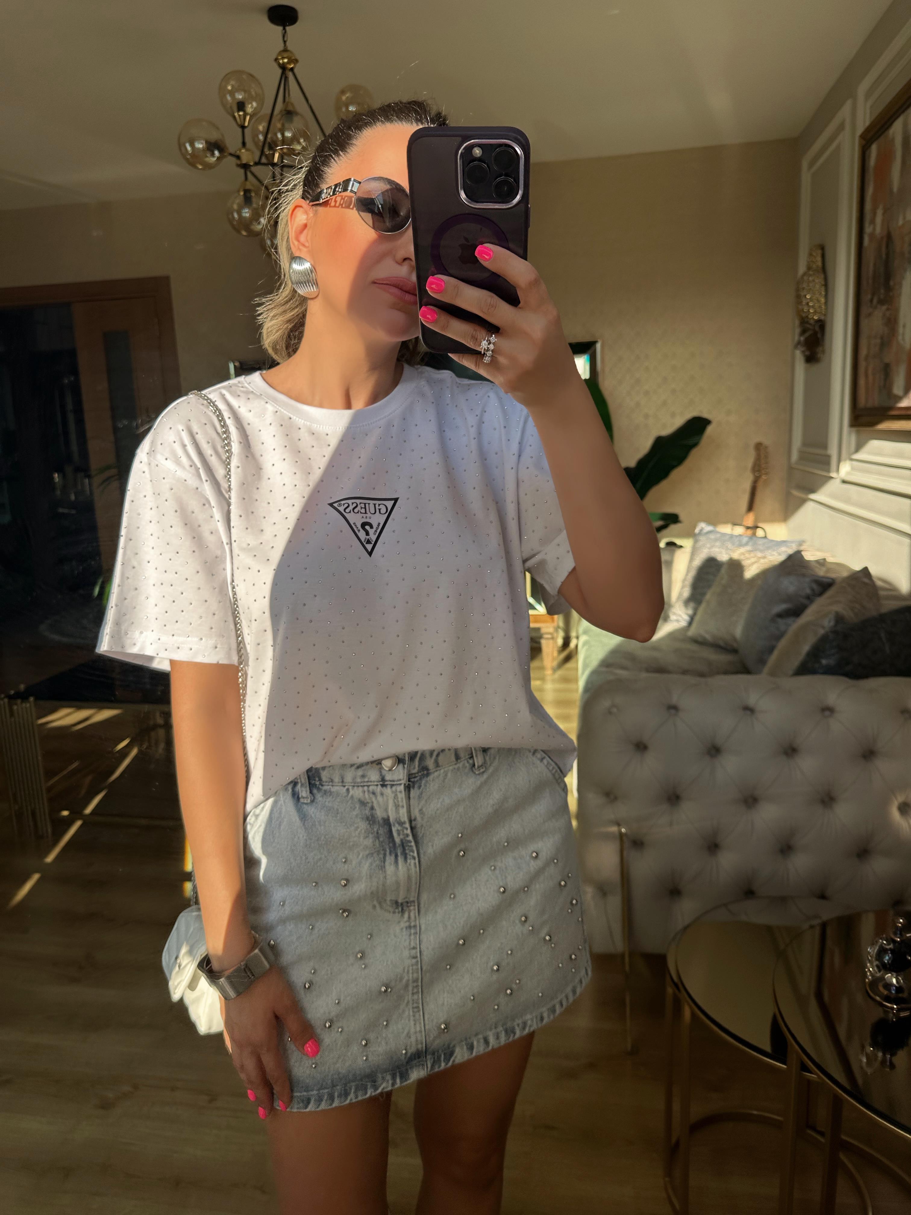 Orj Beyaz Kısa Taşlı Tshirt