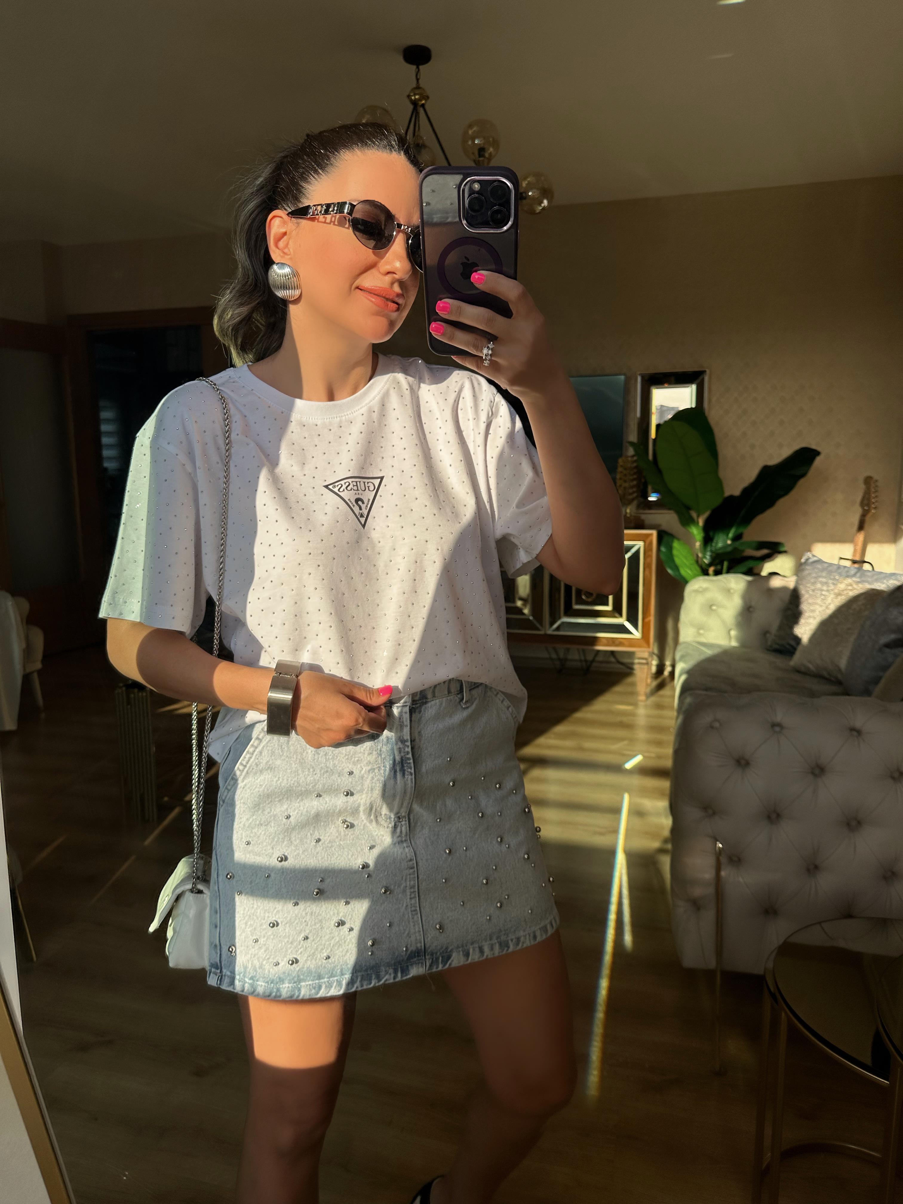Orj Beyaz Kısa Taşlı Tshirt