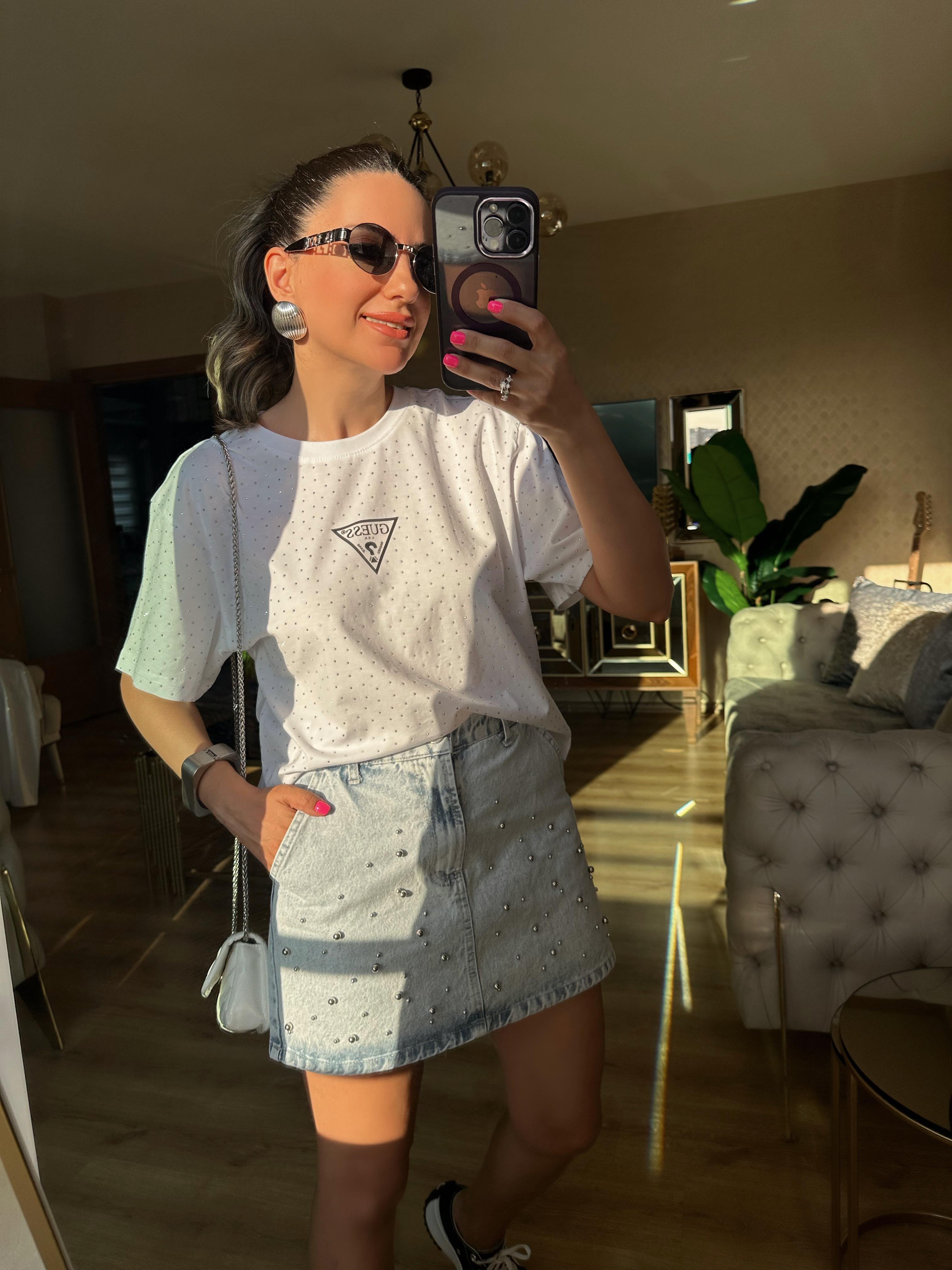 Orj Beyaz Kısa Taşlı Tshirt
