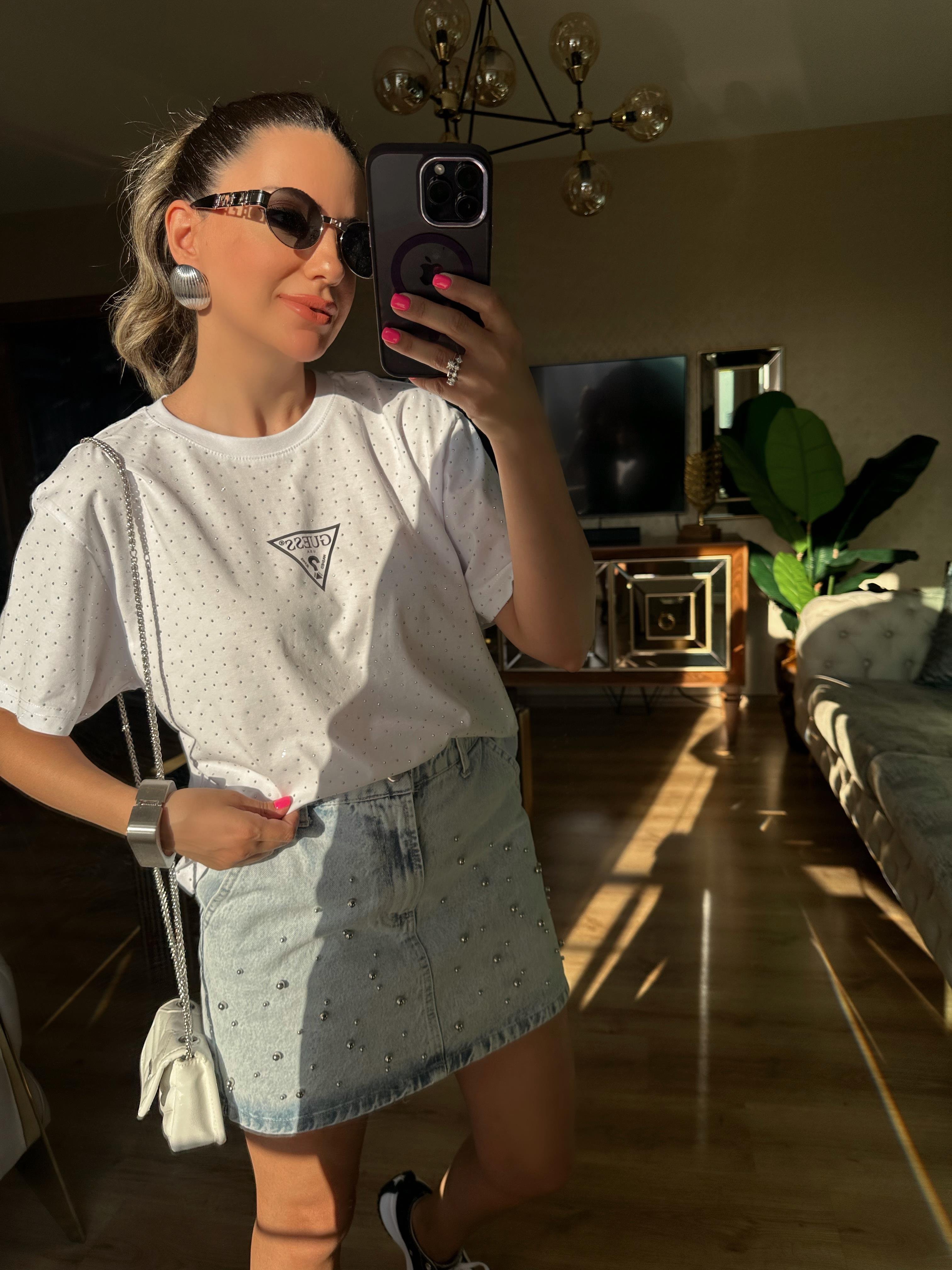 Orj Beyaz Kısa Taşlı Tshirt