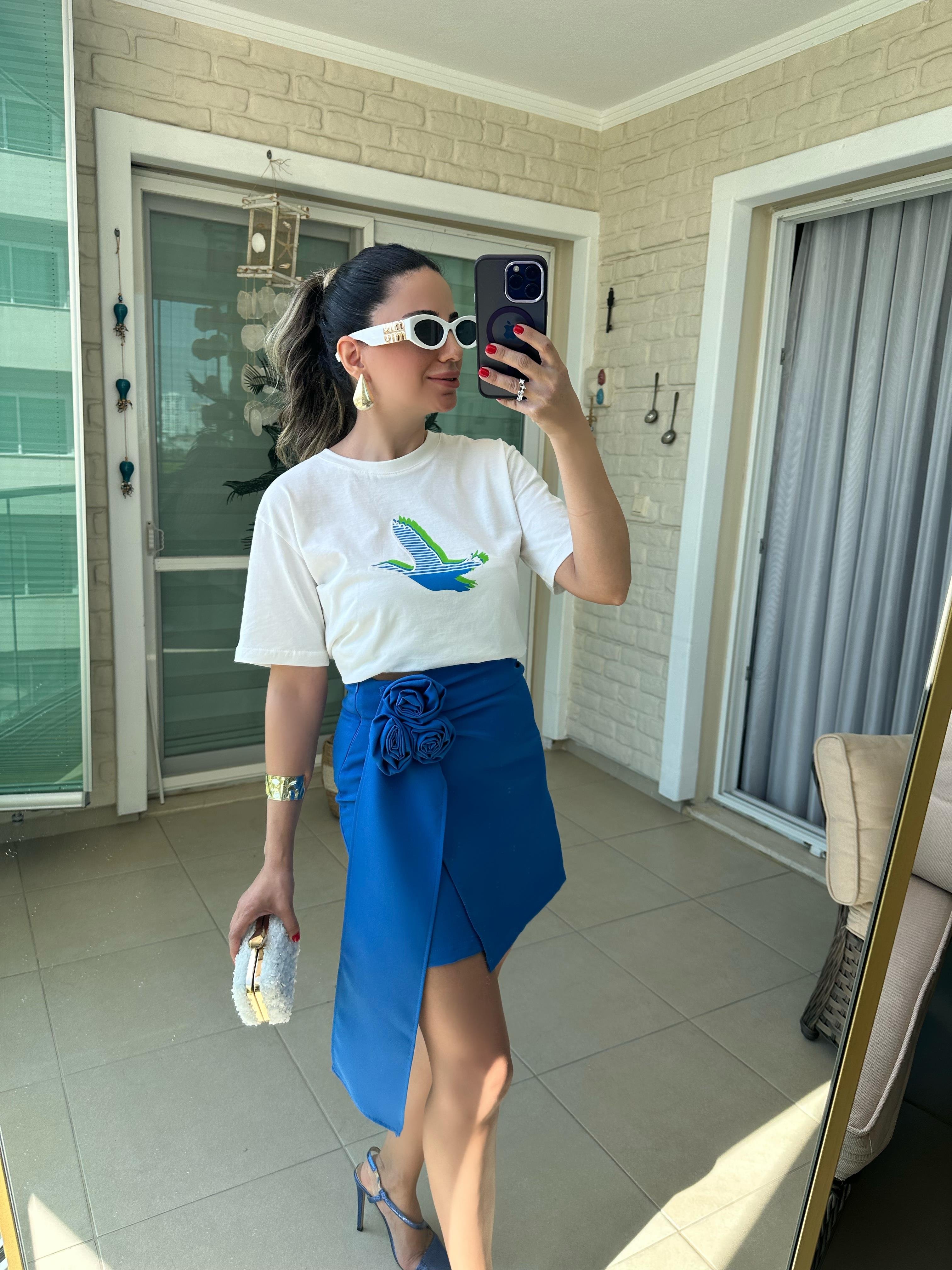 Orj Mavi Kuş Detaylı Tshirt