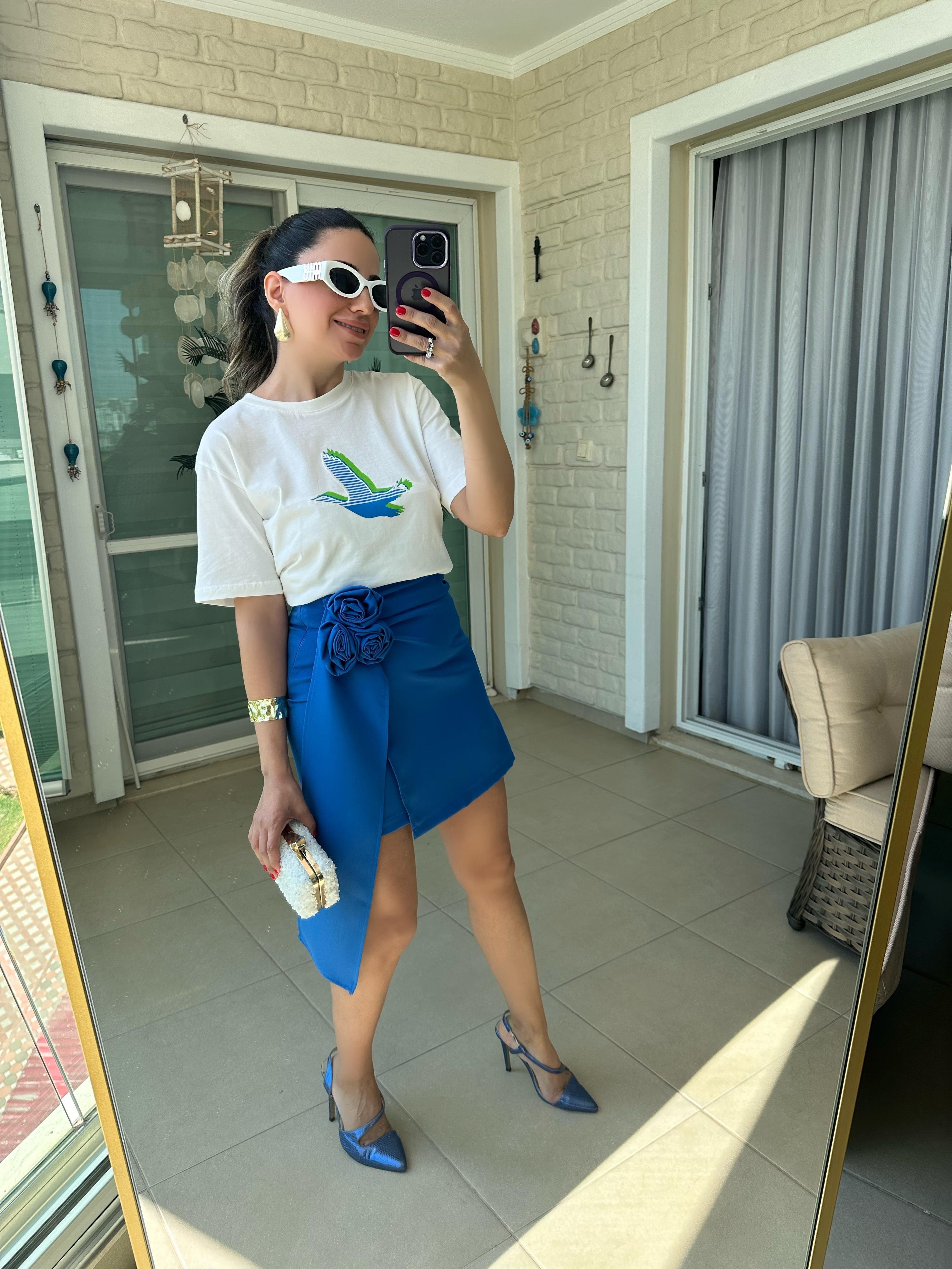 Orj Mavi Kuş Detaylı Tshirt
