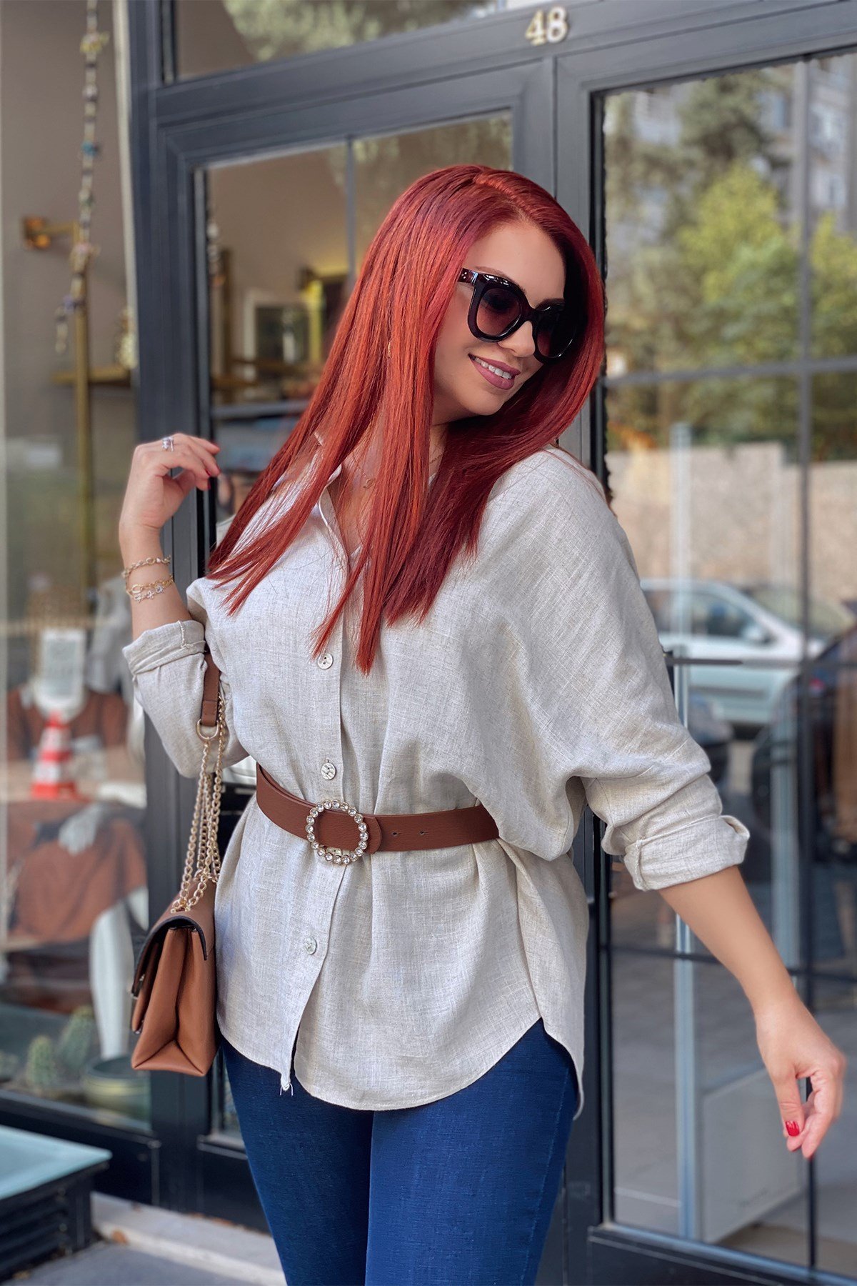 Oversize Bej Keten Gömlek