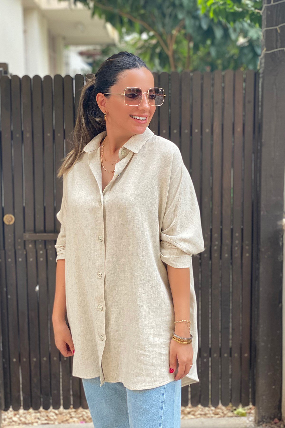 Oversize Bej Keten Gömlek