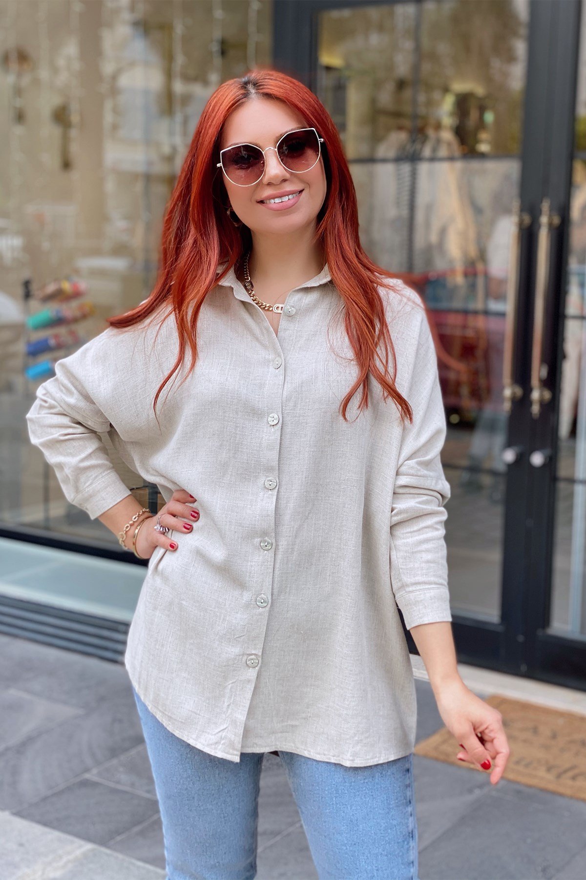 Oversize Bej Keten Gömlek