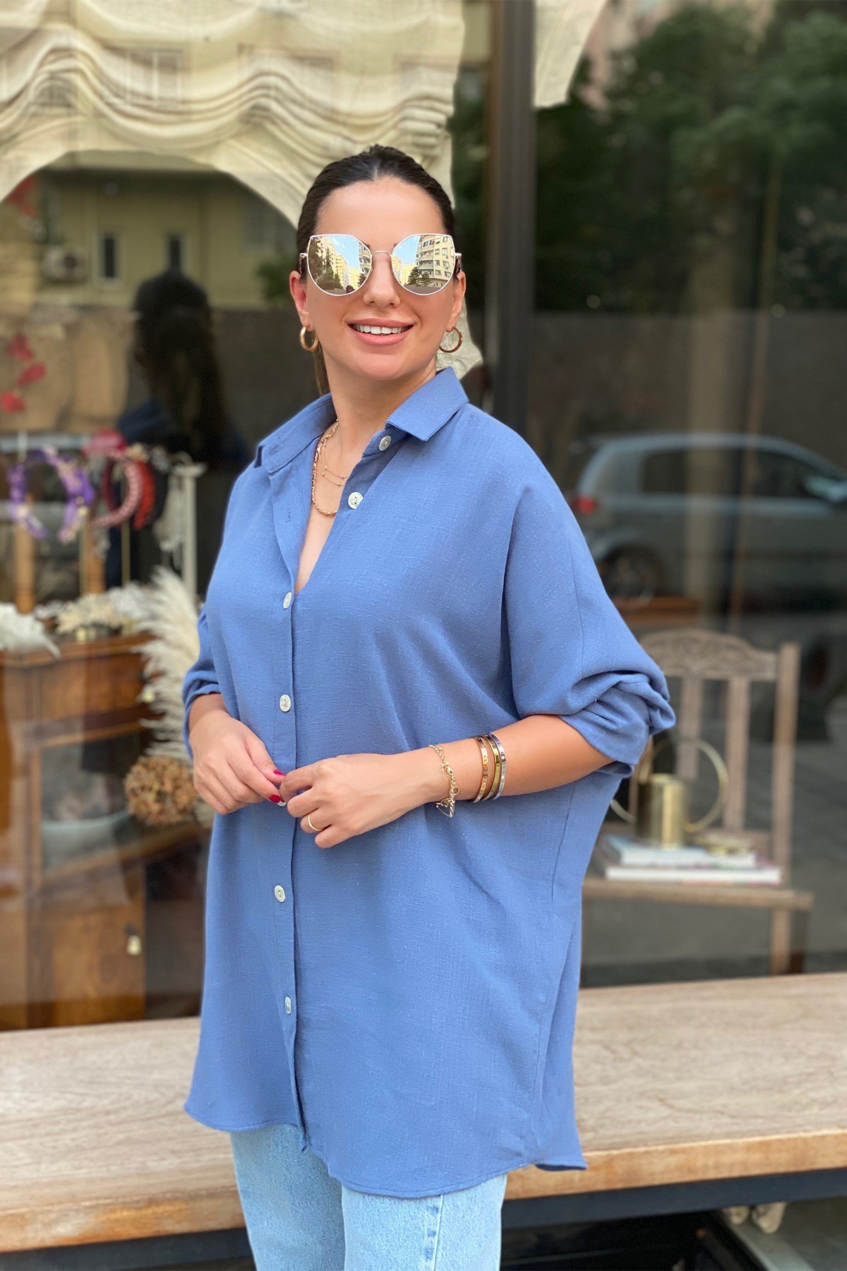 Oversize İndigo Mavi Keten Gömlek