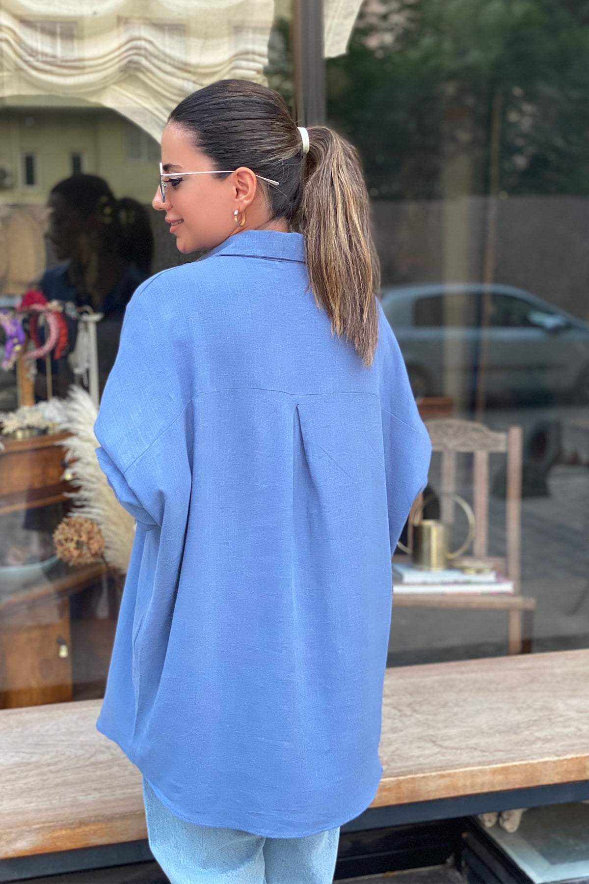 Oversize İndigo Mavi Keten Gömlek