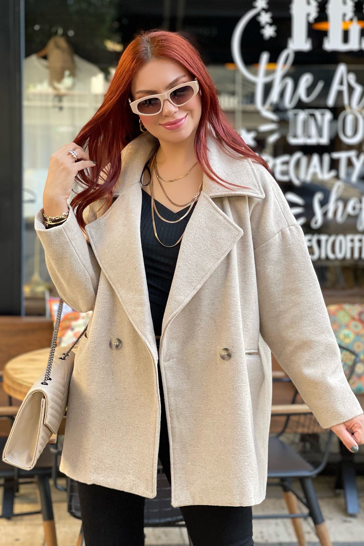 Oversize Krem Kaşe Kaban