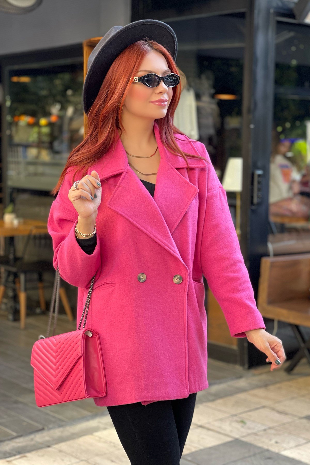 Oversize Pembe Kaşe Kaban