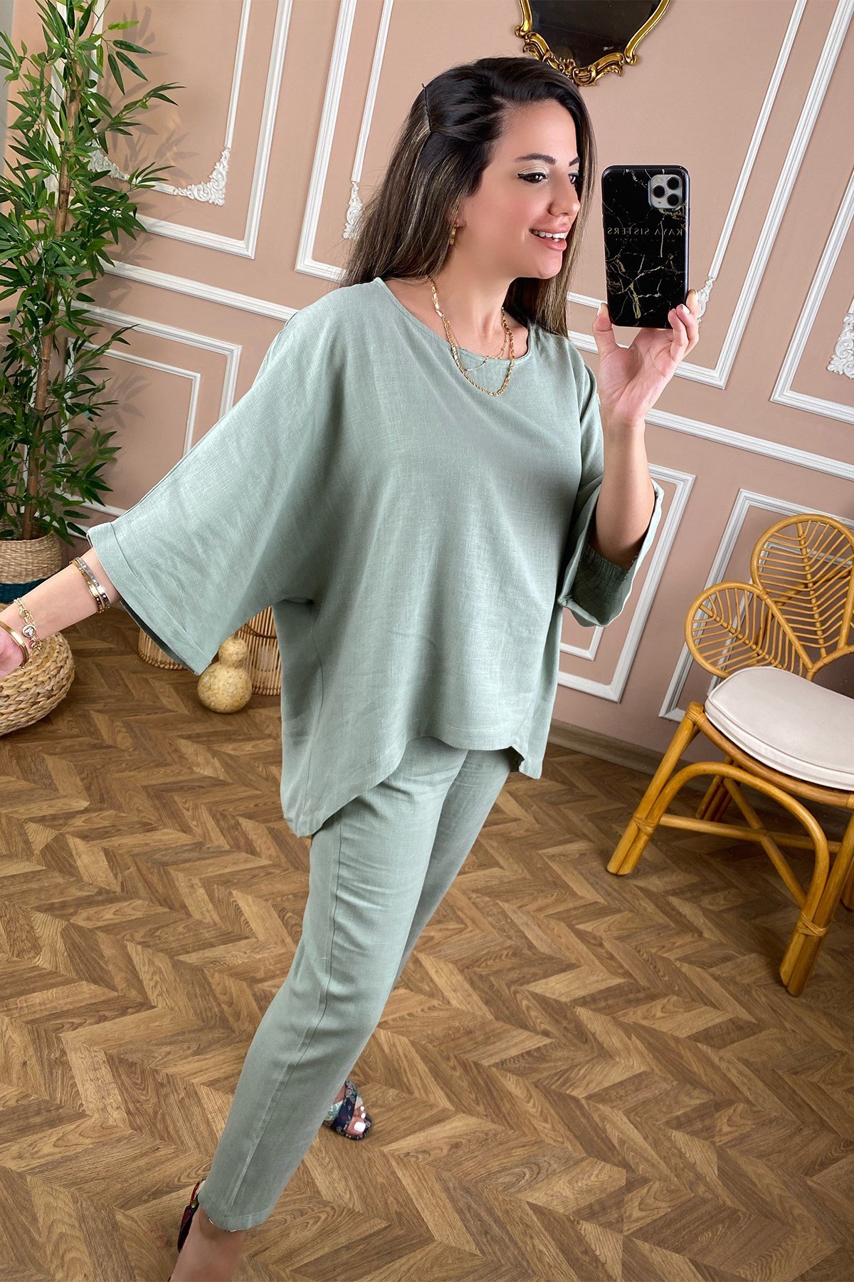 Oversize Yeşil Keten Bluz