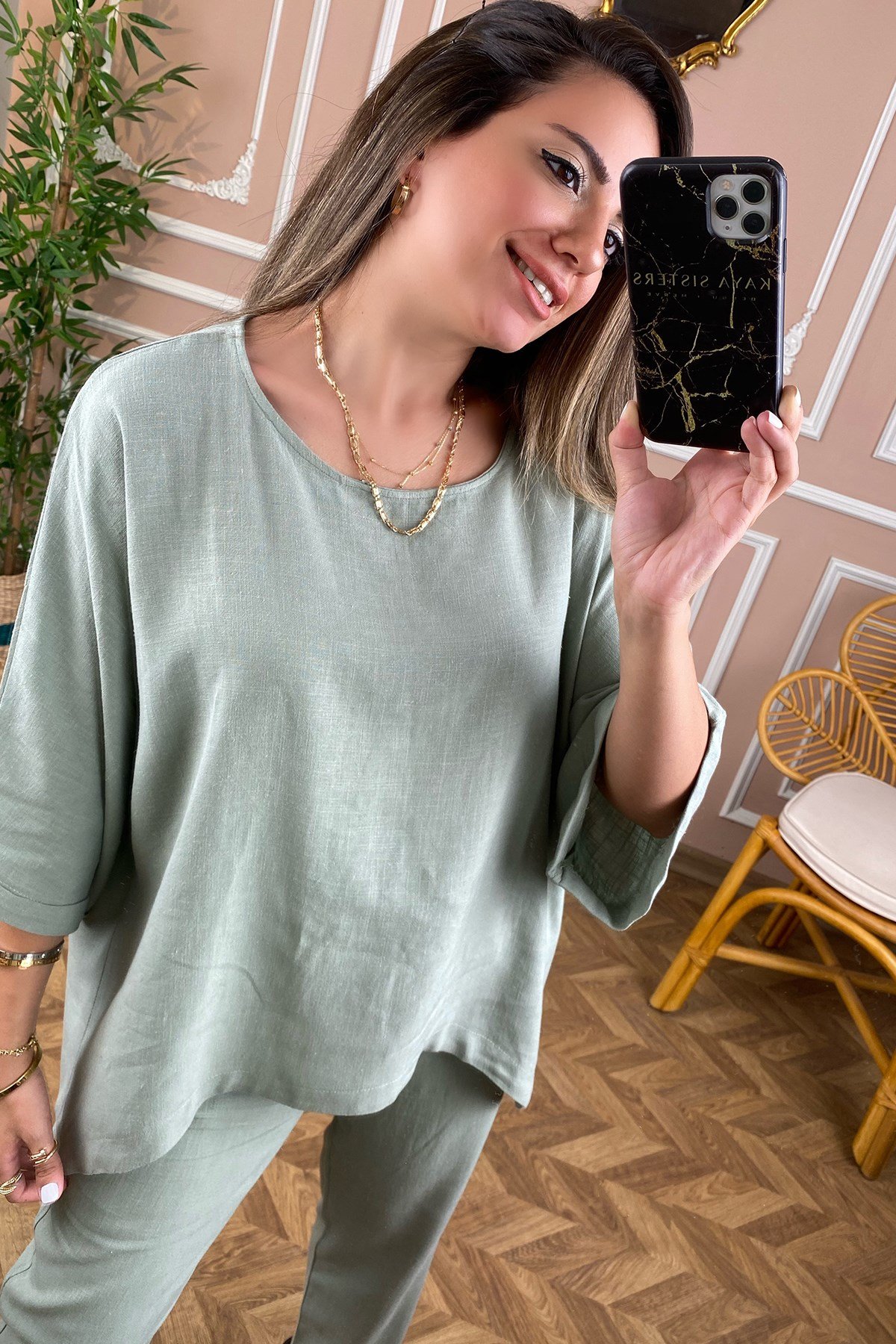 Oversize Yeşil Keten Bluz