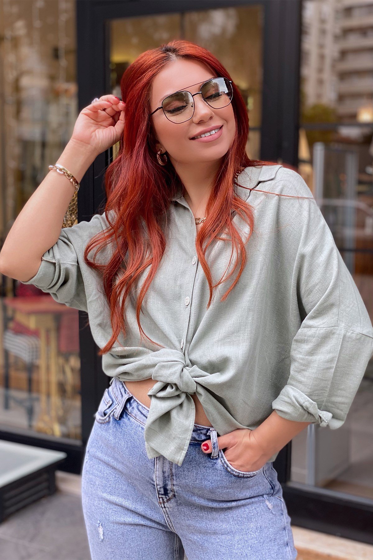 Oversize Yeşil Keten Gömlek