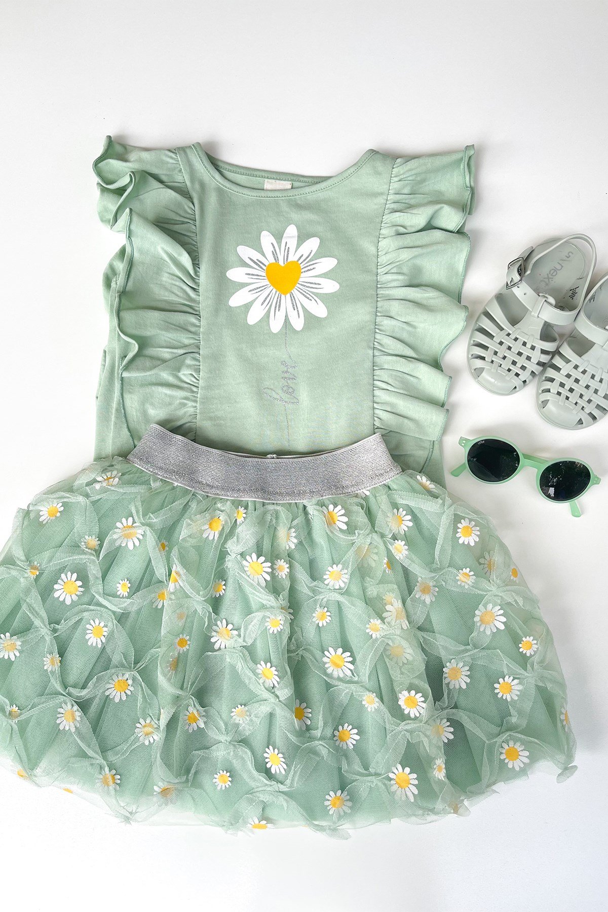 Papatyalı Yeşil Etek Takım