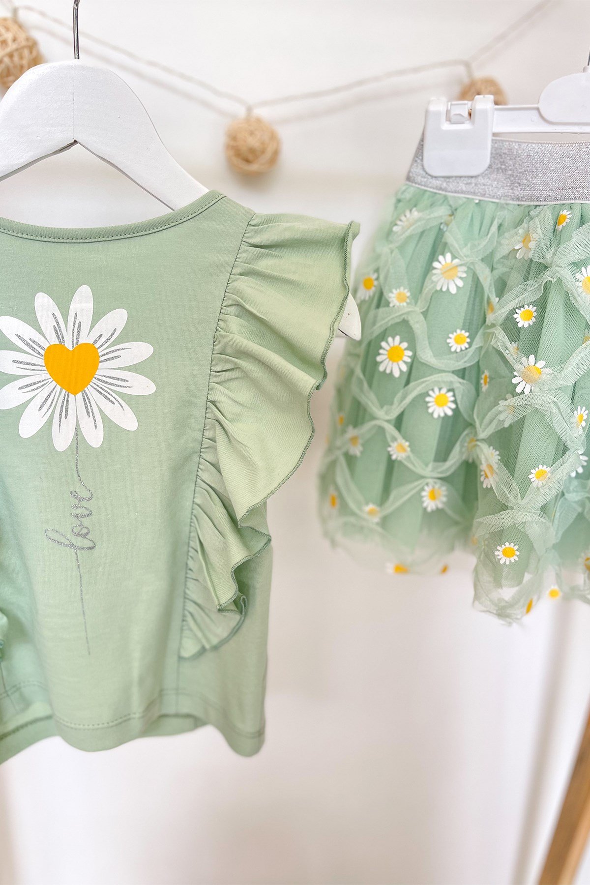 Papatyalı Yeşil Etek Takım