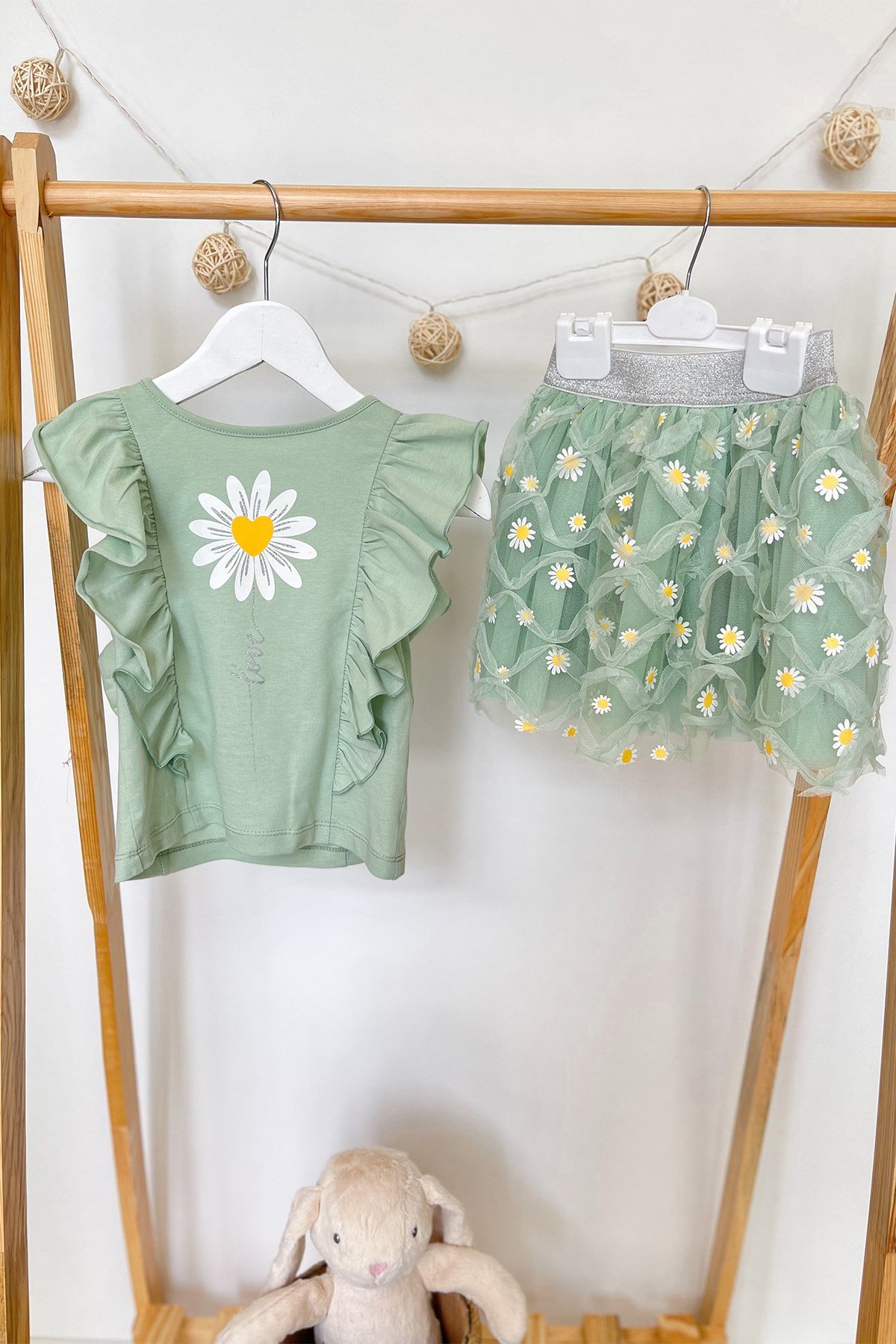 Papatyalı Yeşil Etek Takım